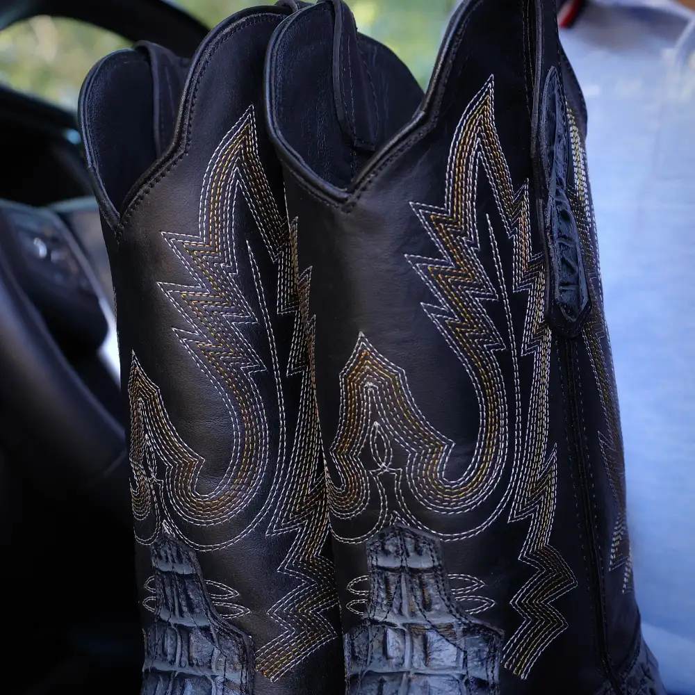 Grey Caimán Neck Leather Boots With Black Shaft — Square Toe