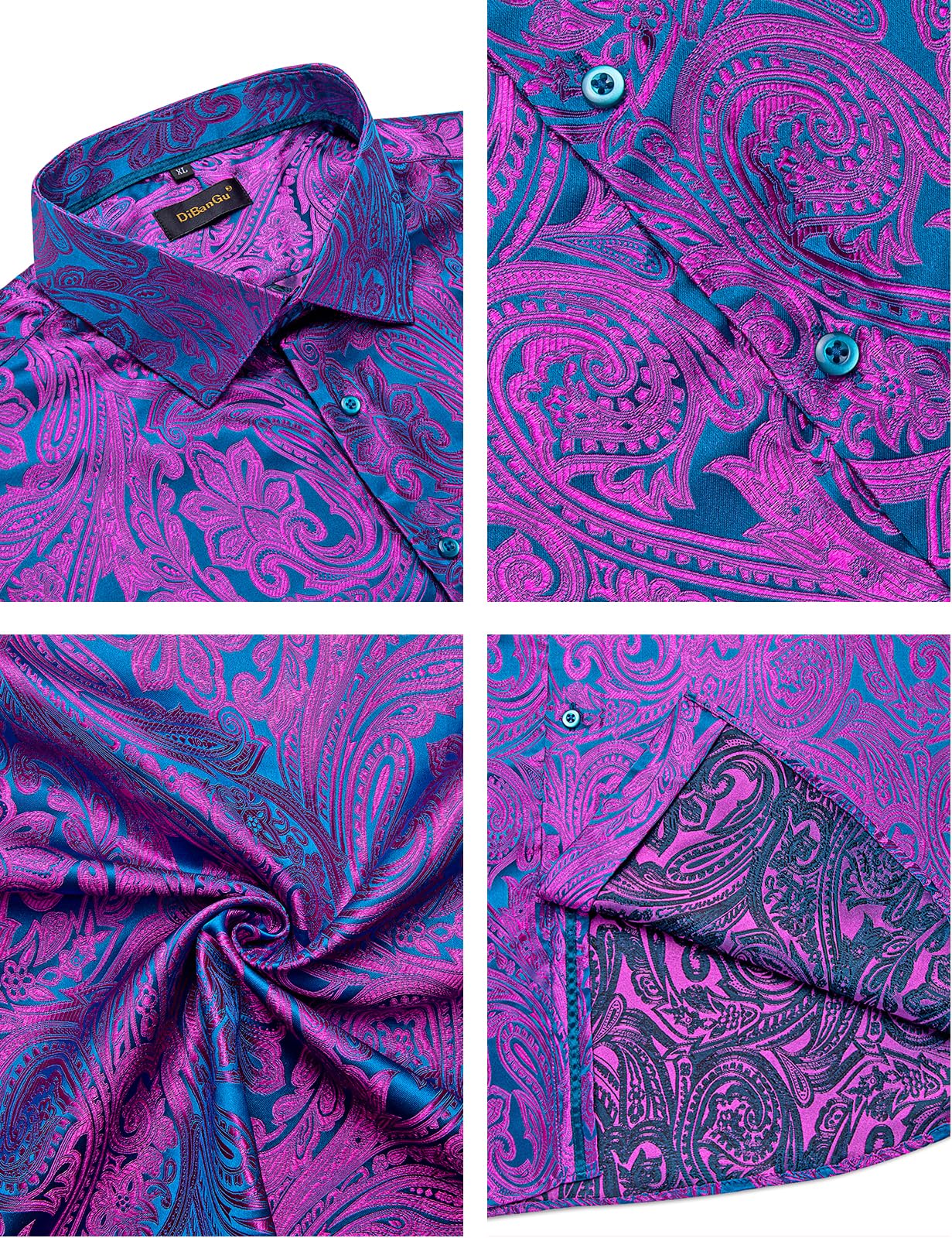 Men's Paisley Dress Shirt Long Sleeve Wrinkle Free Button Down Cowboy Shirts - Hot Pink&teal&paisley
