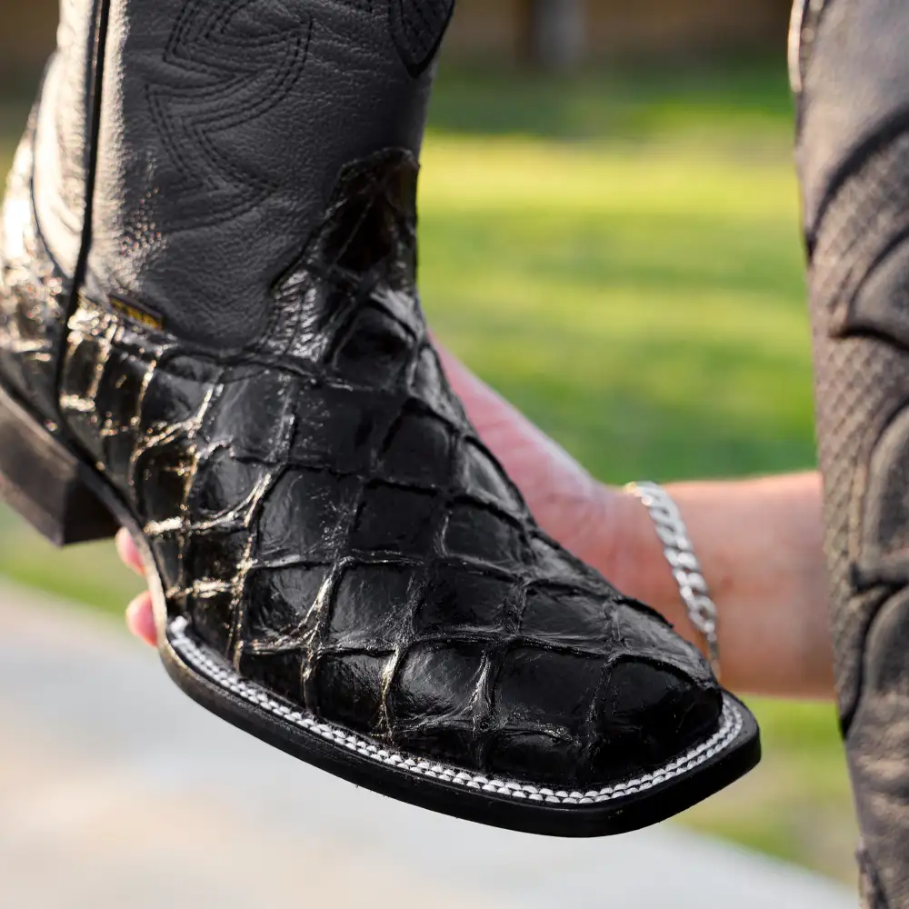 Black Pirarucu Leather Boots - Square Toe