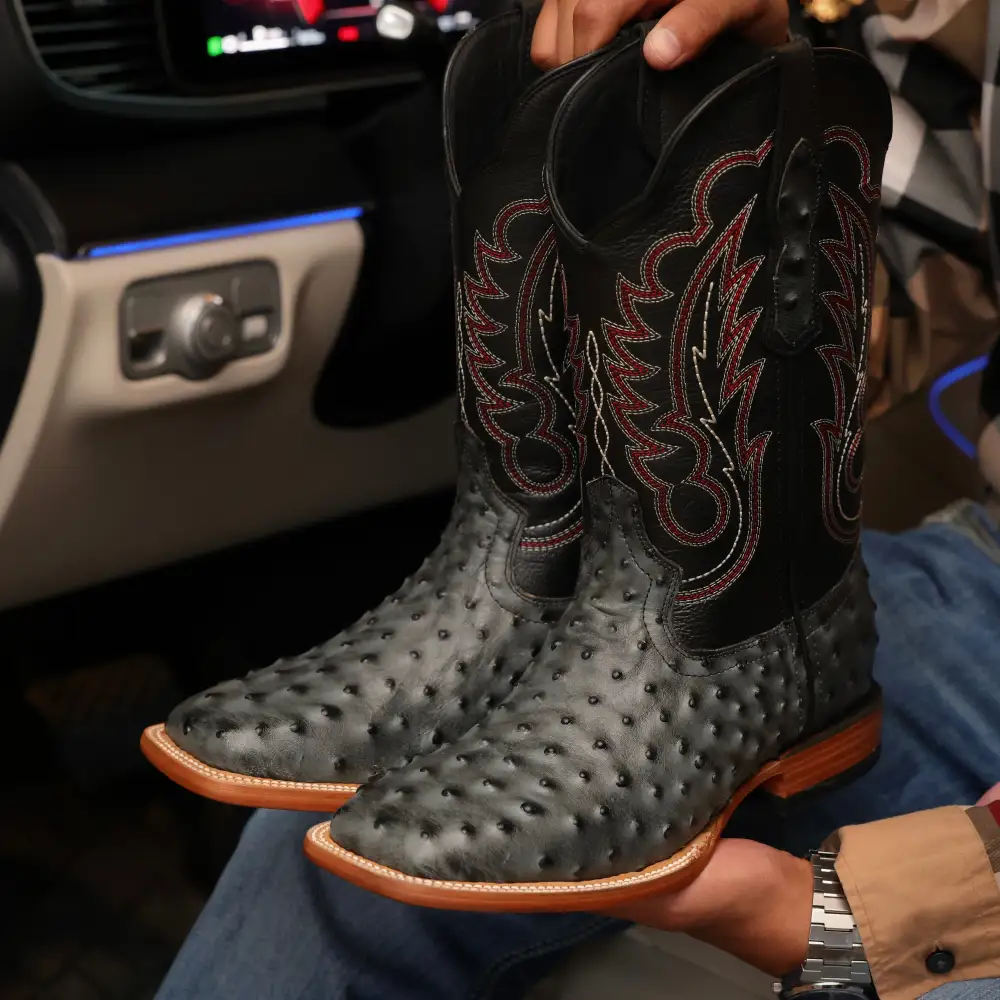 Grey Ostrich Leather Boots — Square Toe