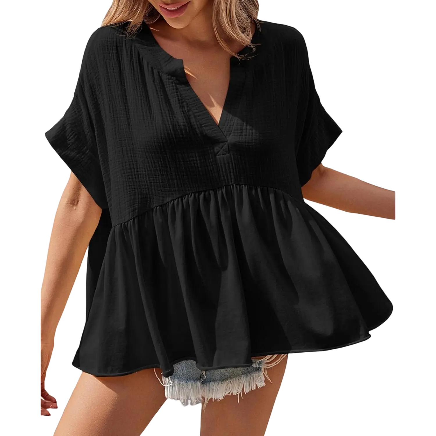 Effortless Flowy Babydoll Blouse – V-Neck Pleated Summer Top