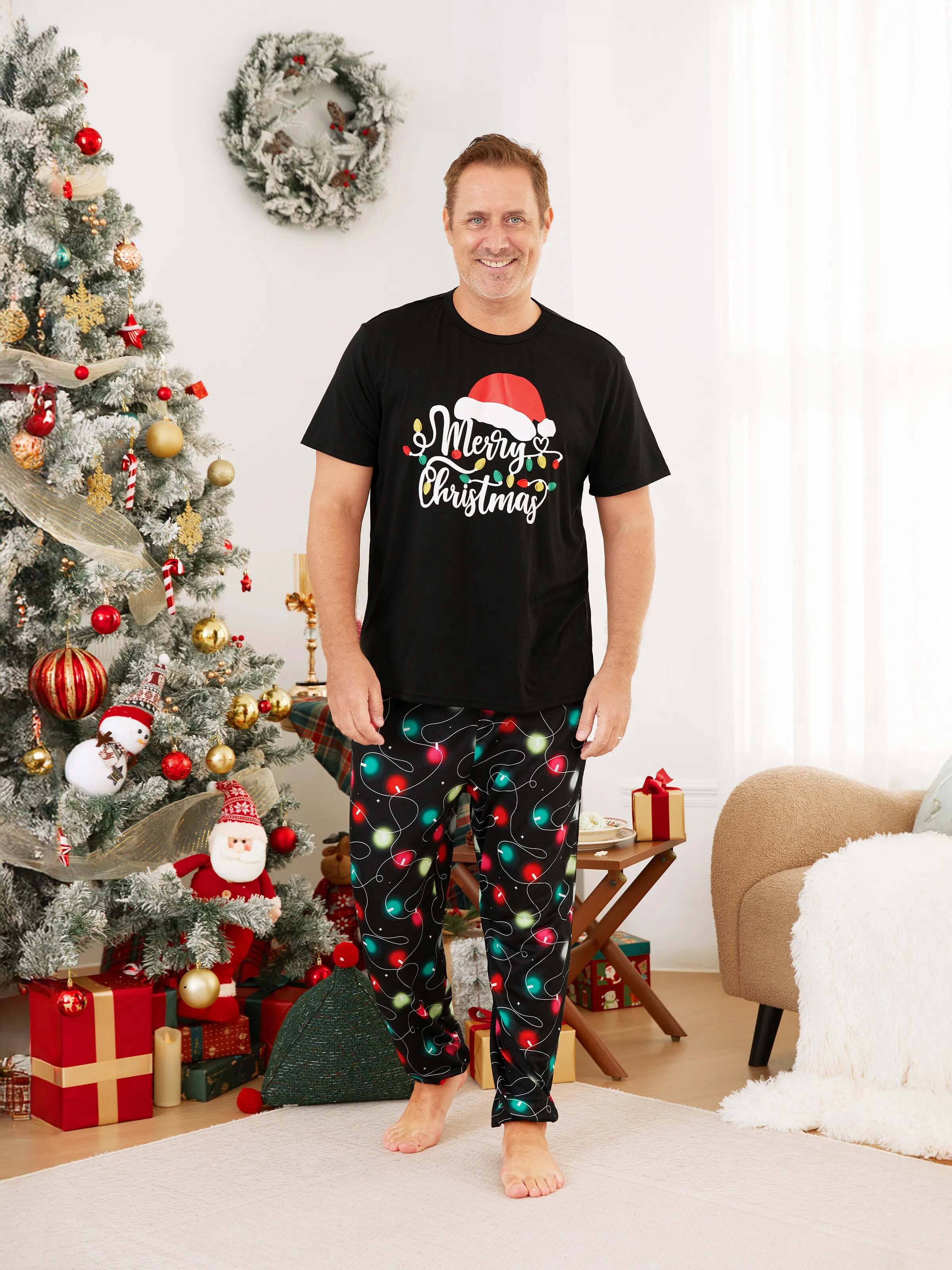 Christmas Family Matching Letters&Festive light bulb Print Short-sleeve Pajamas Sets Black