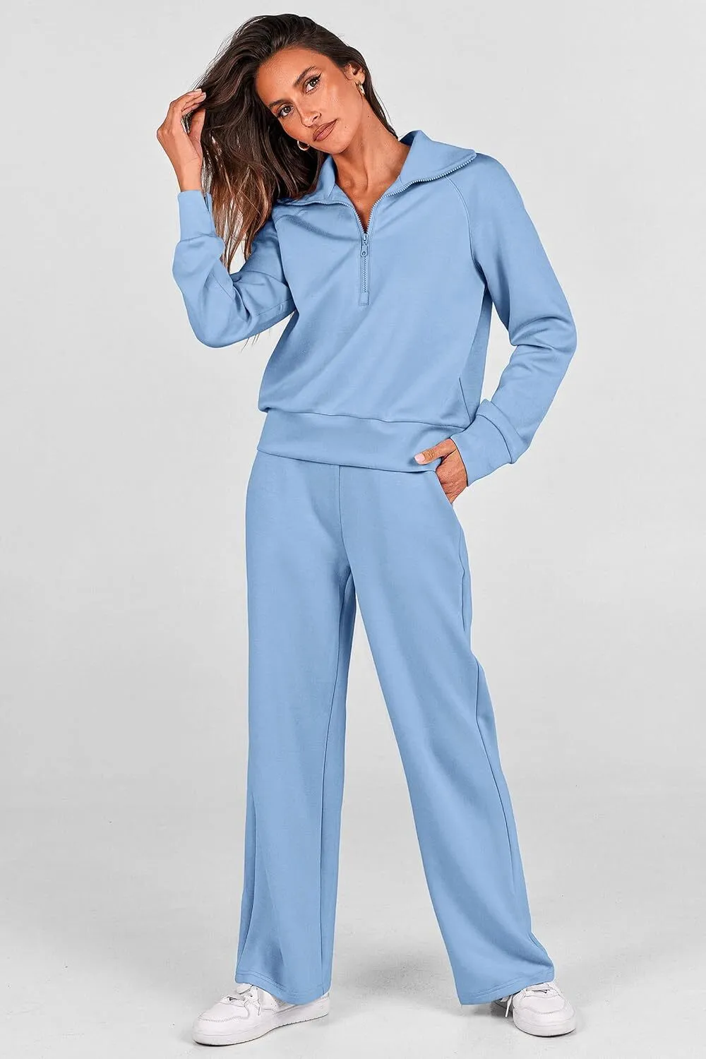 🔥Final Day Clearance!🛒Women's 2 Piece Outfits Casual Lapel Half Zip Sweatshirts And Wide Leg Pants Tracksuit Sets🔥8-PACK ONLY $28🔥