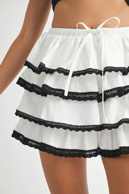 Poplin Ruffle Layered Contract Lace Trim Mini Skirt
