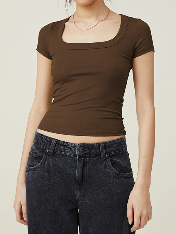 Solid Color Short Sleeves Skinny Square-neck T-Shirts Tops