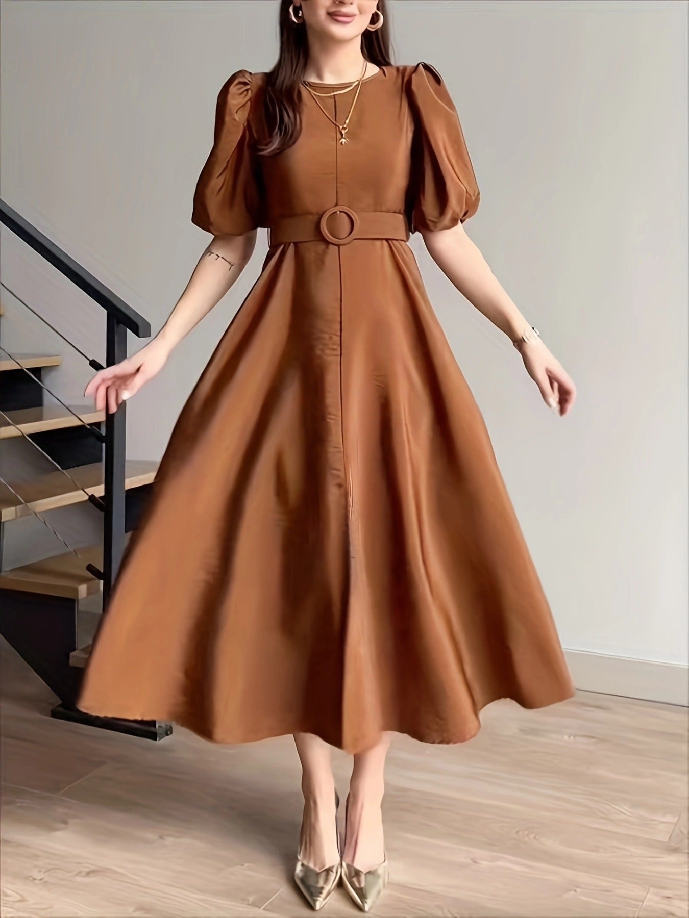 Belted Puff Sleeve Midi Dress
