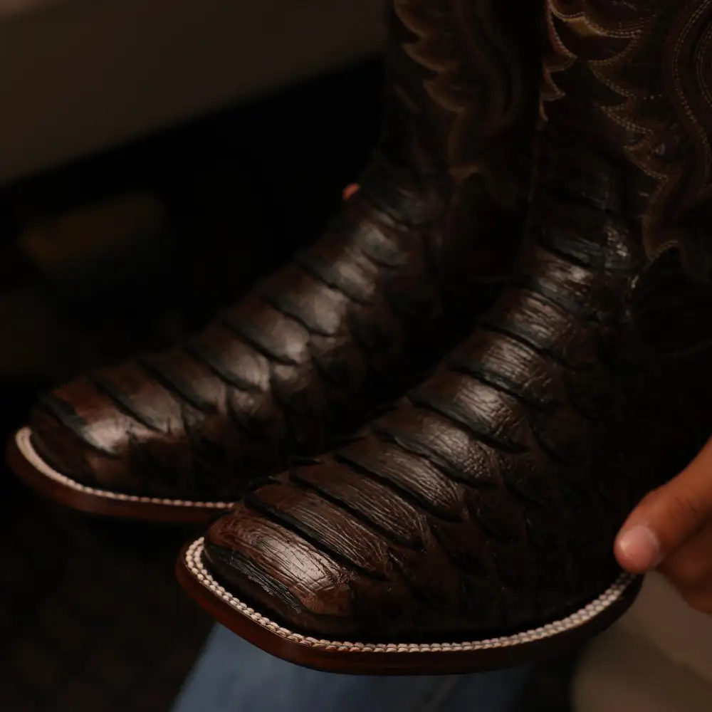Chocolate Brown Jumbo Python Leather Boots - Square Toe