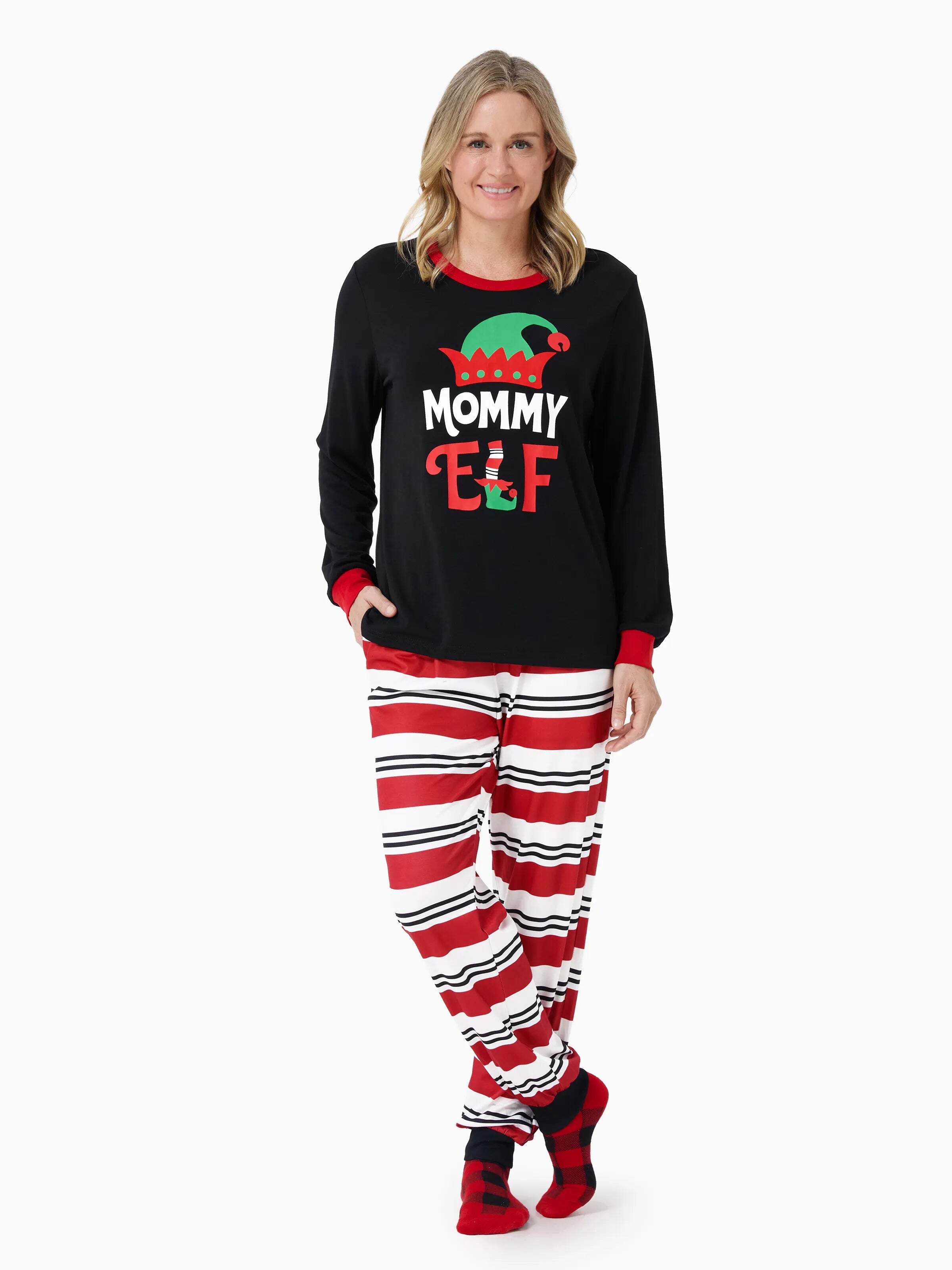 Christmas Matching Family Pajamas Set Elf Print PJS with Christmas Socks Black