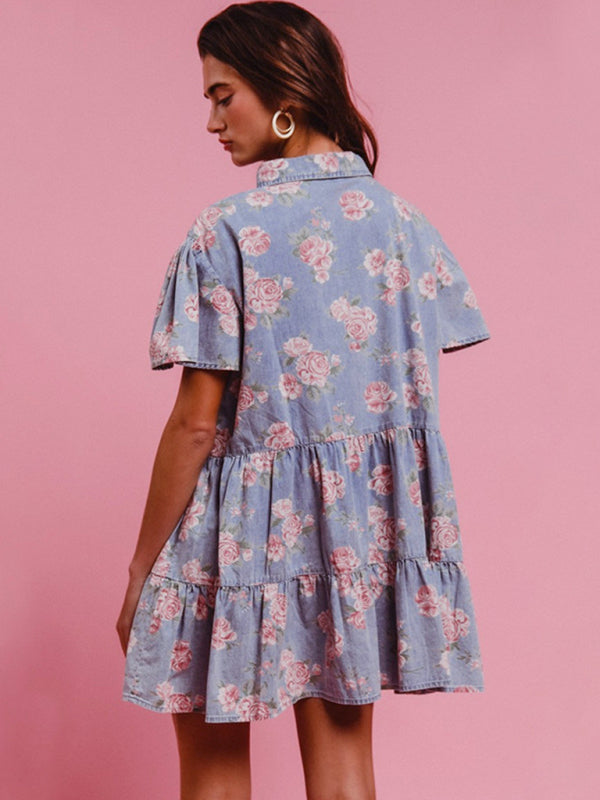 Light blue floral print denim A-line lapel shirt dress