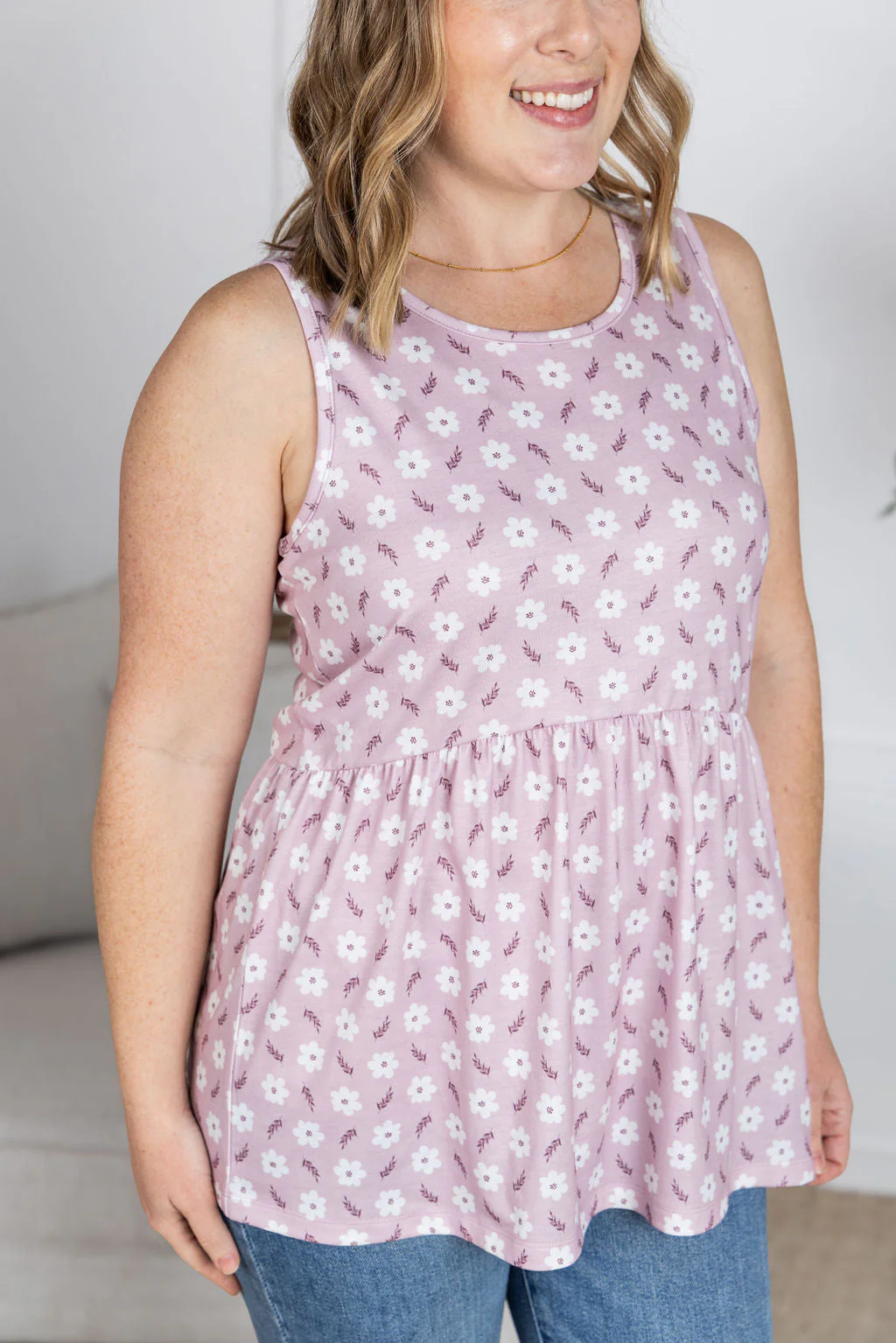 Renee Ruffle Tank Top in Pearl Pink Floral