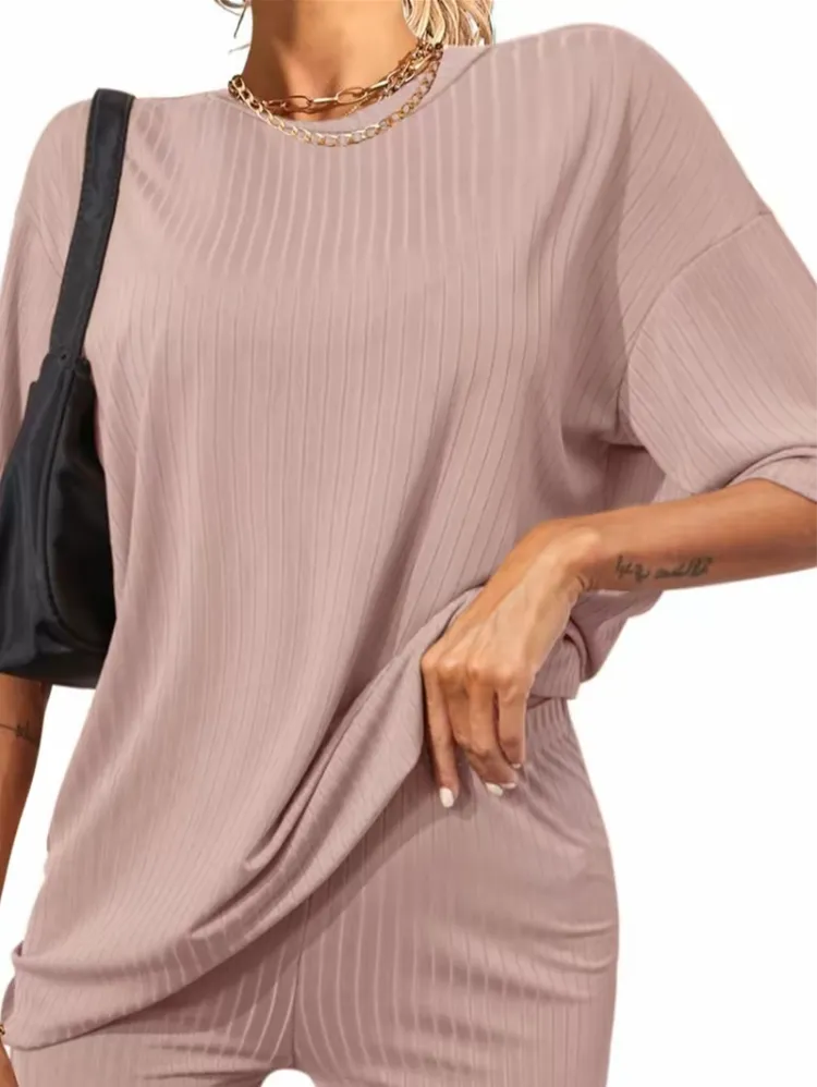 Summer Ribbed Lounge Set - Stretch T-shirt and Cycling Shorts | Breathable Loungewear