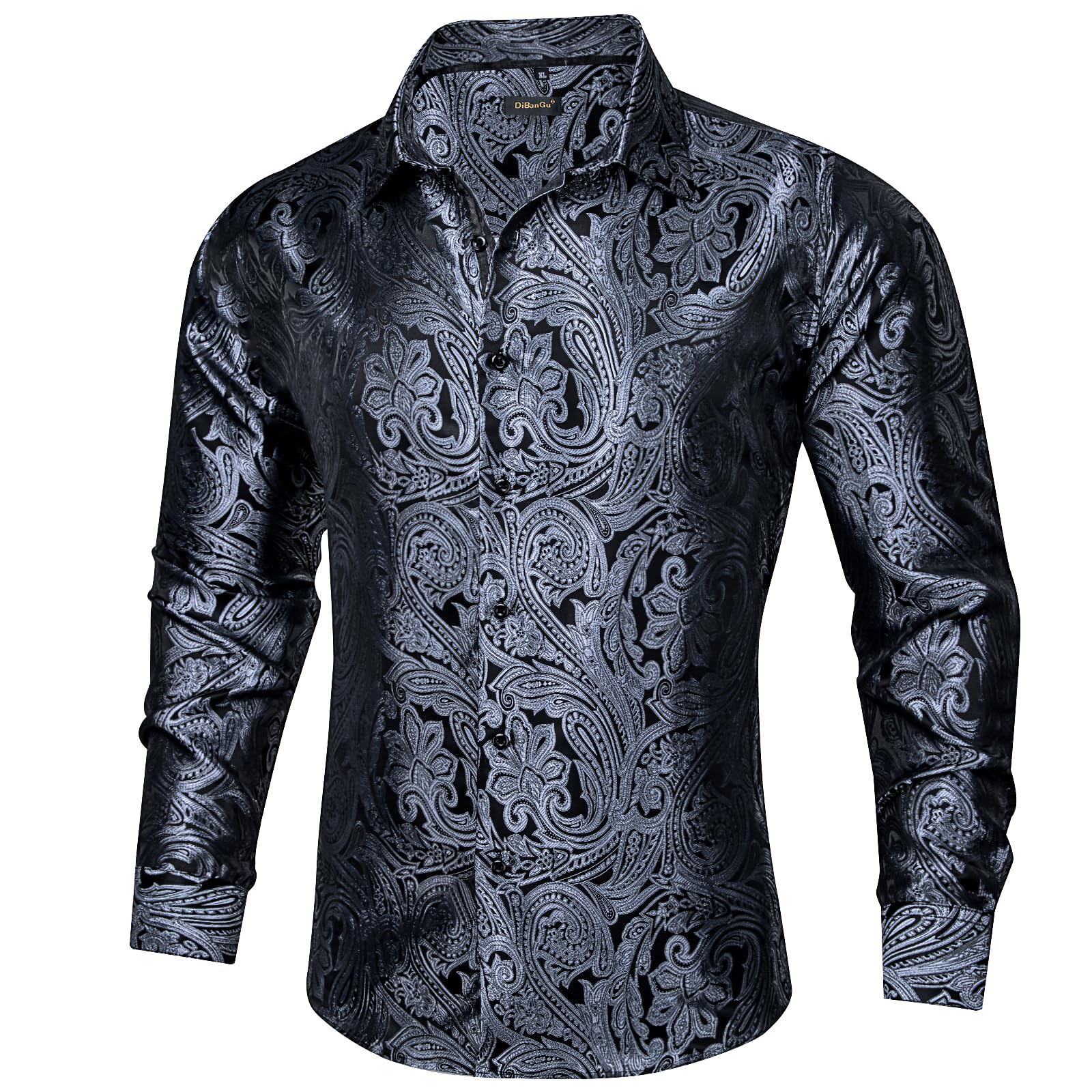 Men's Paisley Dress Shirt Long Sleeve Wrinkle Free Button Down Cowboy Shirts - Silver Black&paisley
