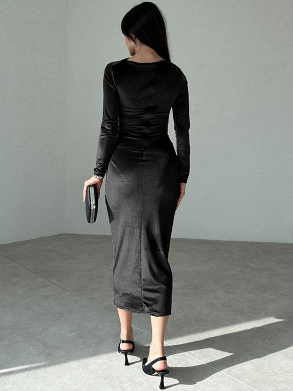 Pleated Round Neck Long Sleeve Bodycon Midi Dress