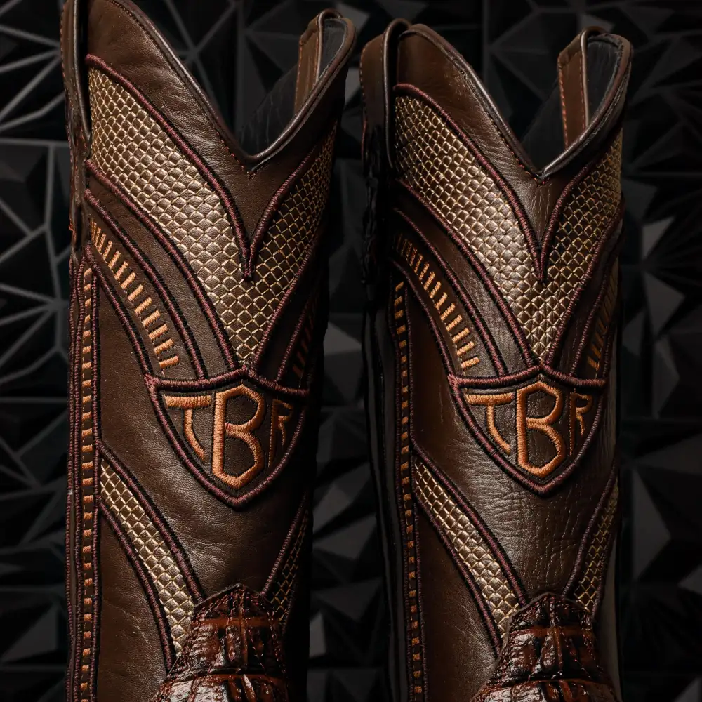 Brown Caiman Hornback Leather Boots - Square Toe