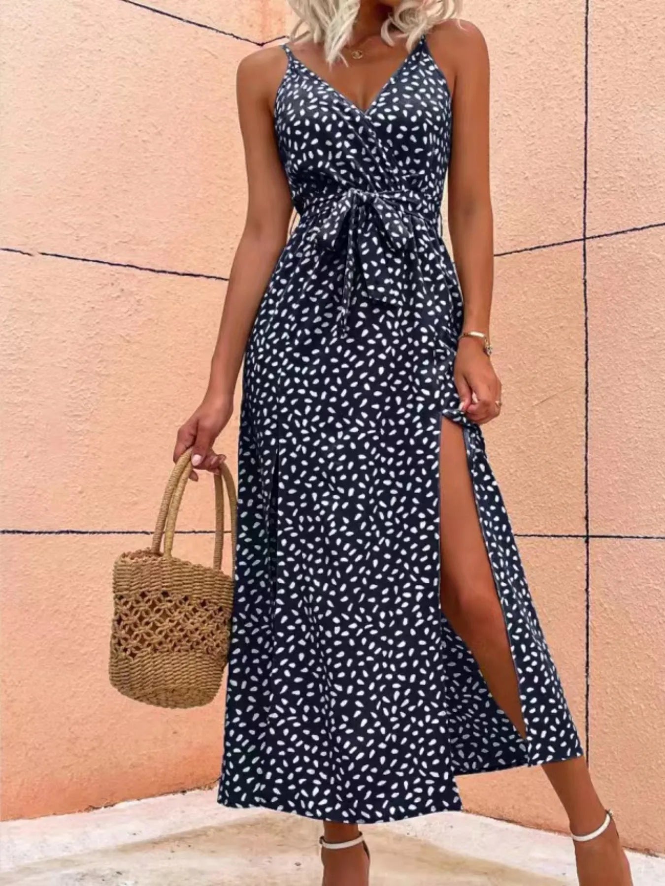 Slit Printed Surplice Midi Dress