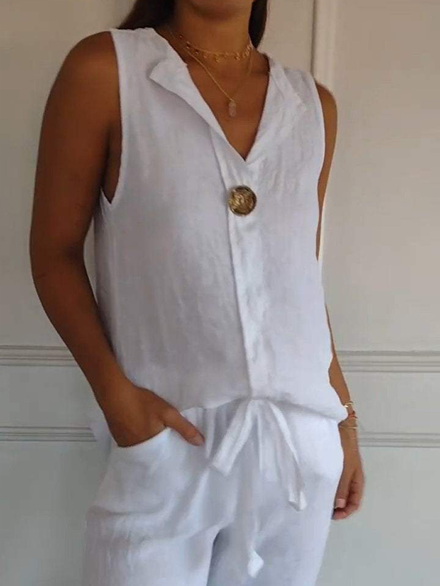 Women's V-Neck Cotton And Linen Sleeveless Casual Summer Shirt