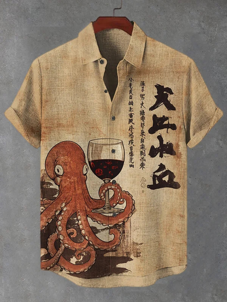 Men's Octopus Holding A Goblet Art Print Casual Shirt