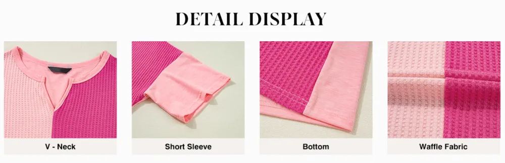 Womens Half Sleeve Waffle Knit Shirts V Neck Colorblock Blouses