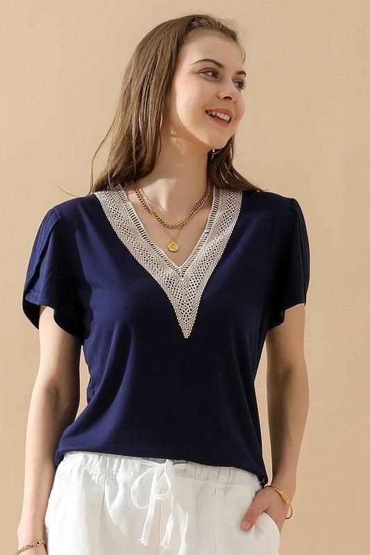 Gold Lace V Neck Ruffle Short Sleeve Top