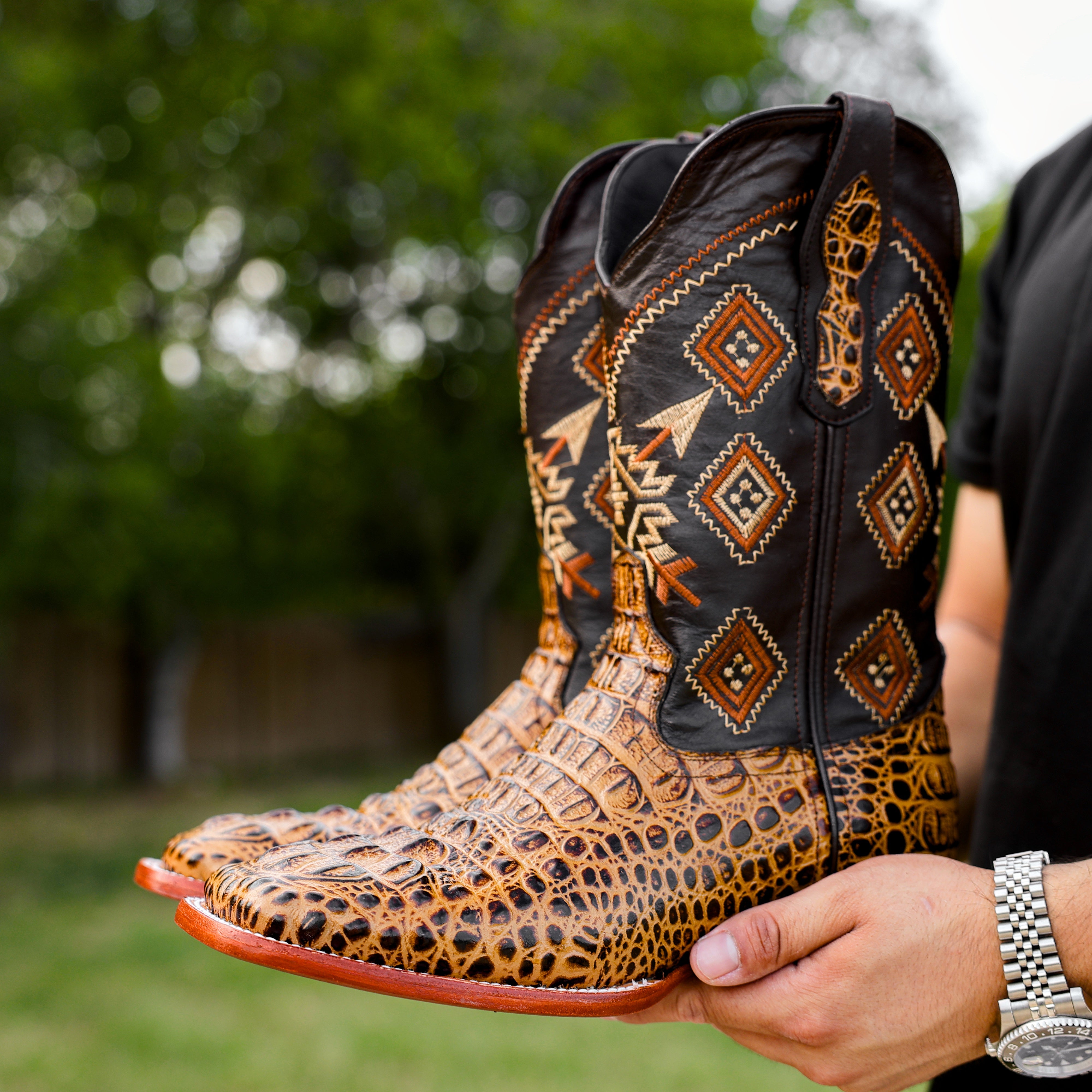 Honey Caiman Neck Leather Boots - Square Toe