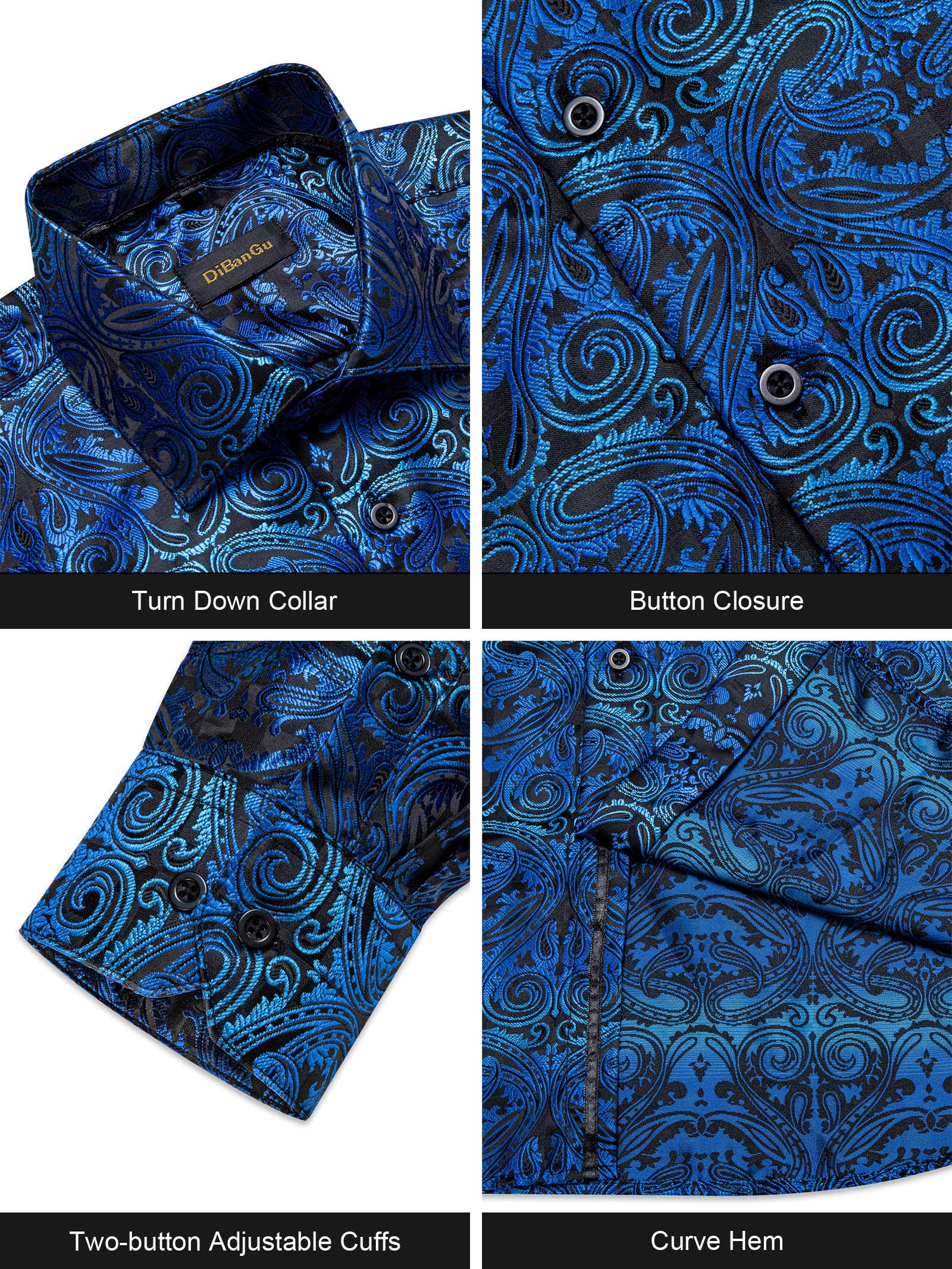 Men's Paisley Dress Shirt Long Sleeve Wrinkle Free Button Down Cowboy Shirts - Royal Blue&black&paisley