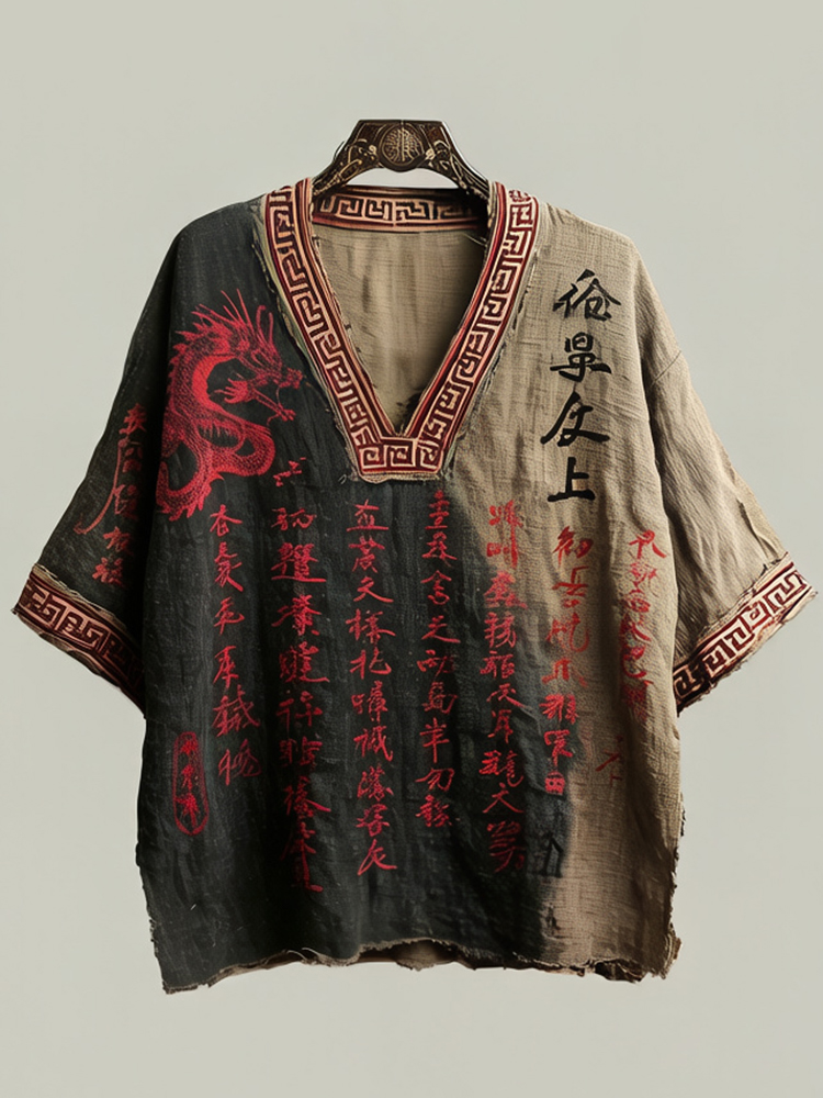 Men's Retro Japanese Calligraphy And Dragon Art Pattern Linen Blend Shirt