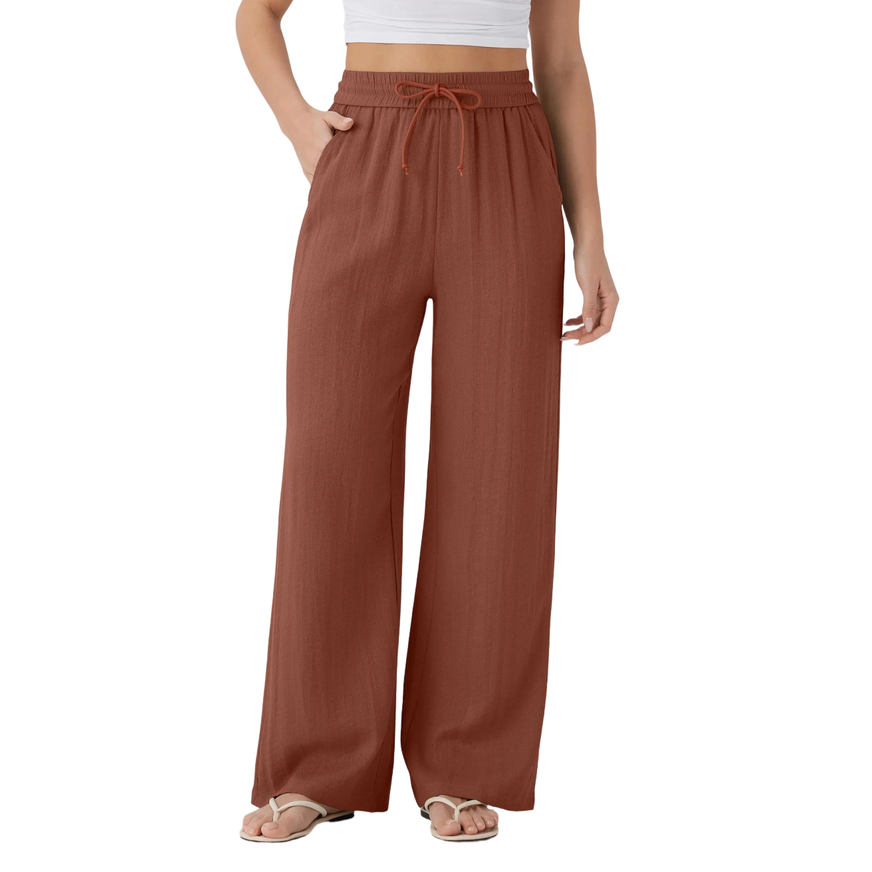 Women's High Waisted Drawstring Pocket Wide Leg Casual Linen-Feel Pants