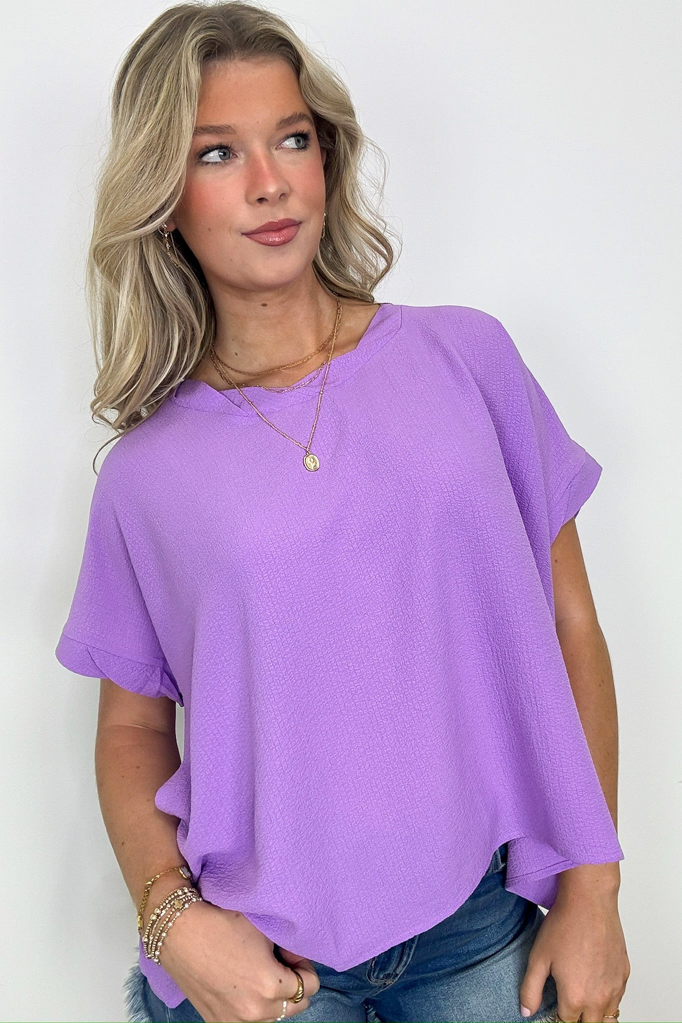 Woven Round Neck Flowy Top