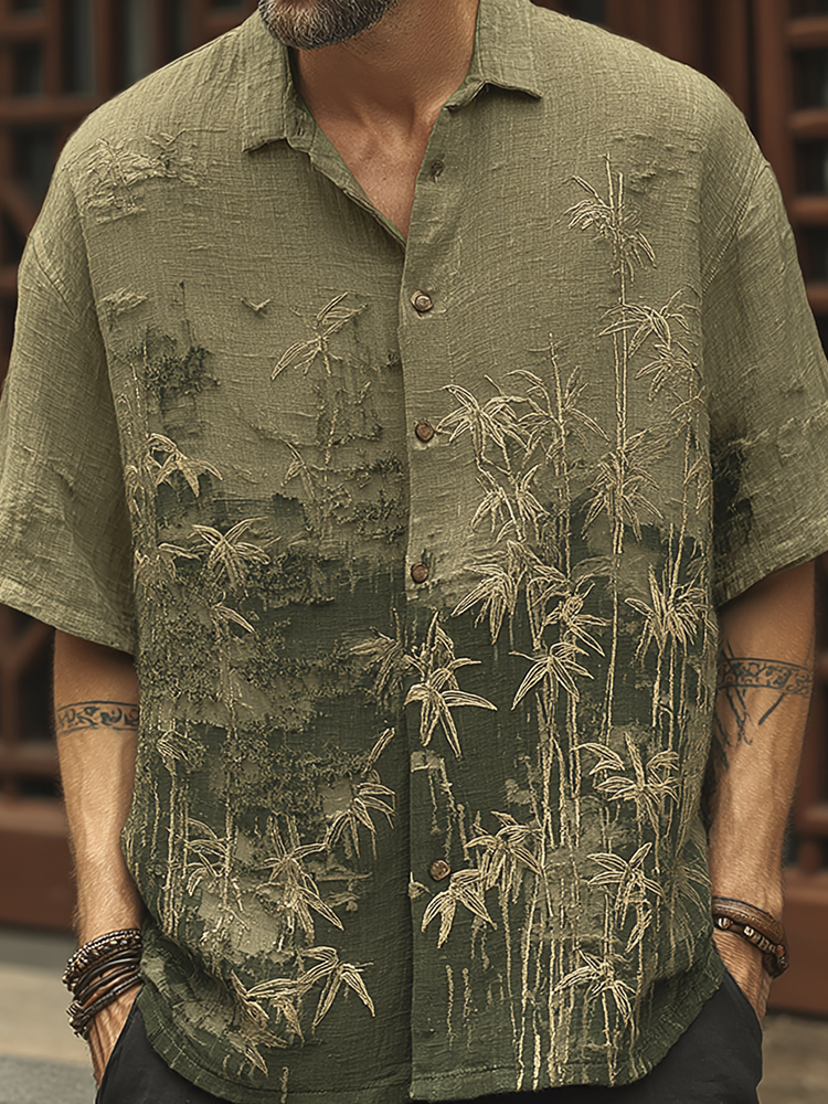 Men's Vintage Bamboo Embroidery Short Sleeve Linen Blend Shirt