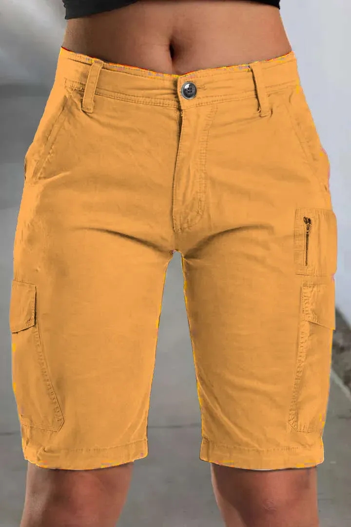 Solid Multi Pocket Mid Rise Bermuda Cargo Shorts
