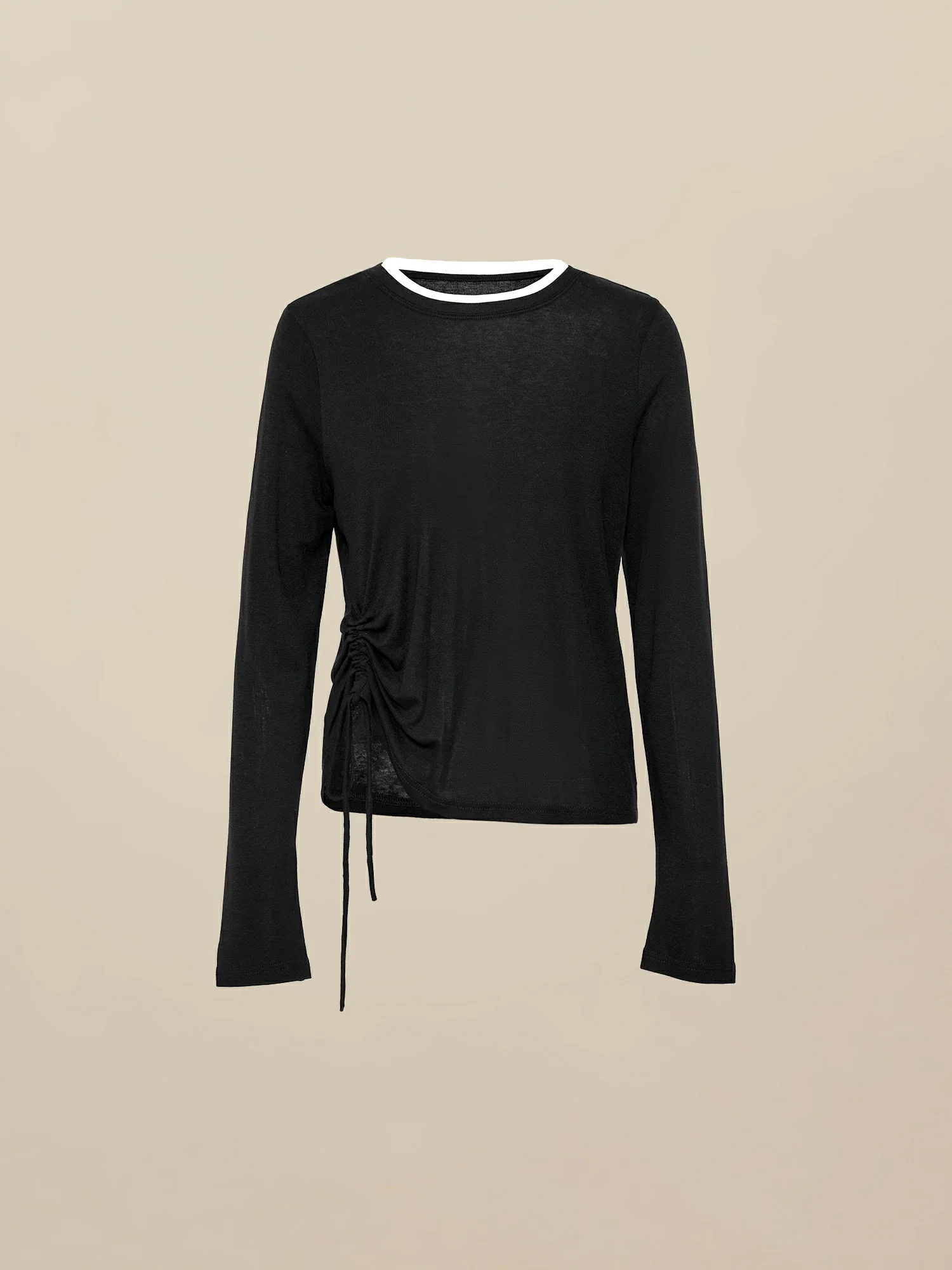 Lyocell & Wool Round Neck Long Sleeve Drawstring T-Shirt