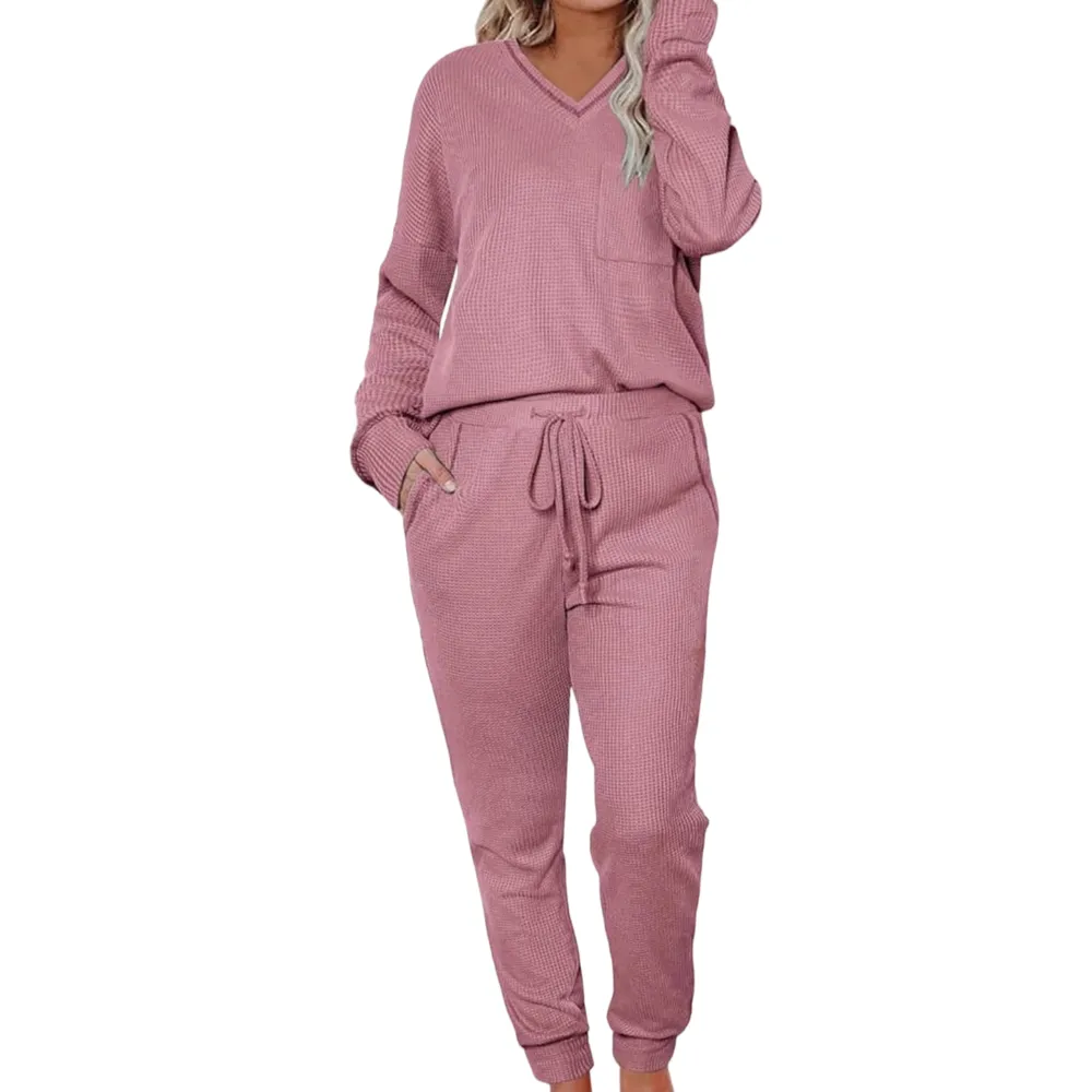 Women's Waffle Knit Two Piece Pullover & Joggers Set