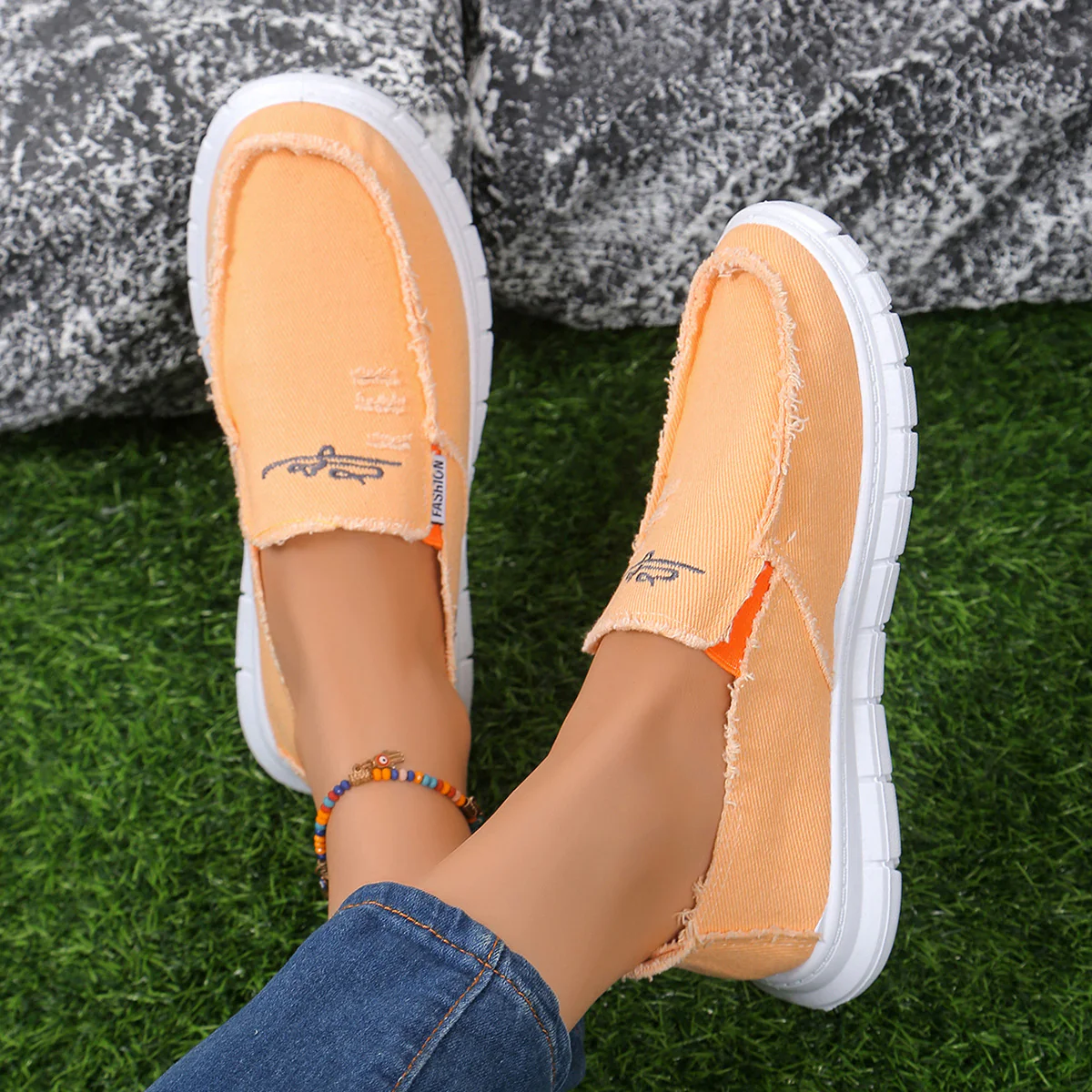 Raw Edge Round Toe Embroidery Flat Slip-Ons  (multiple color options)