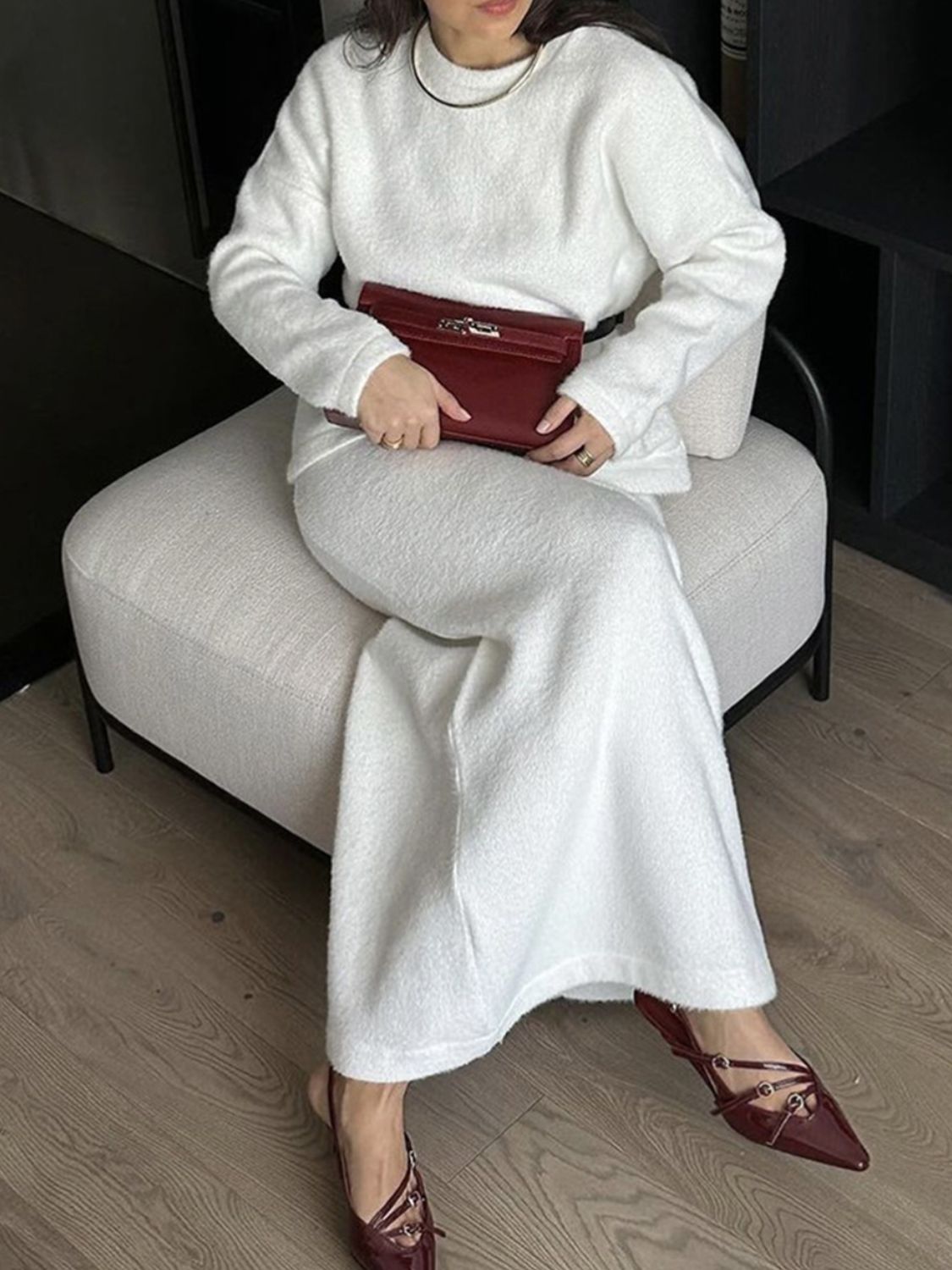 Round Neck Dropped Shoulder Top And Midi Skirt Sweater Set