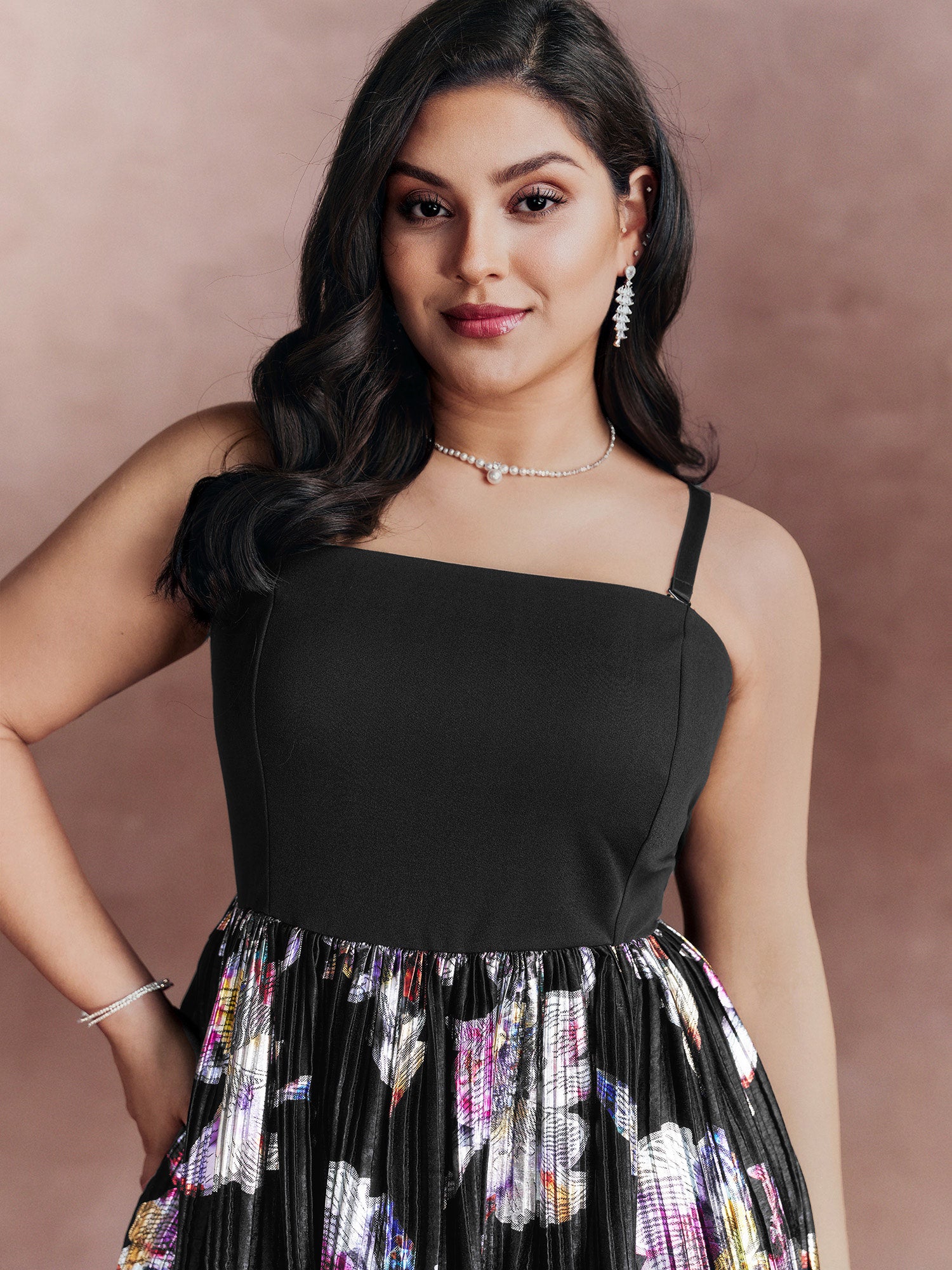 Floral Pleated Detachable Straps Contrast Mini Dress