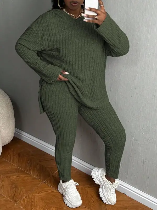 Plus Size Women’s Ribbed Hoodie & Pants Set – Cozy Casual Fall & Winter Outfit