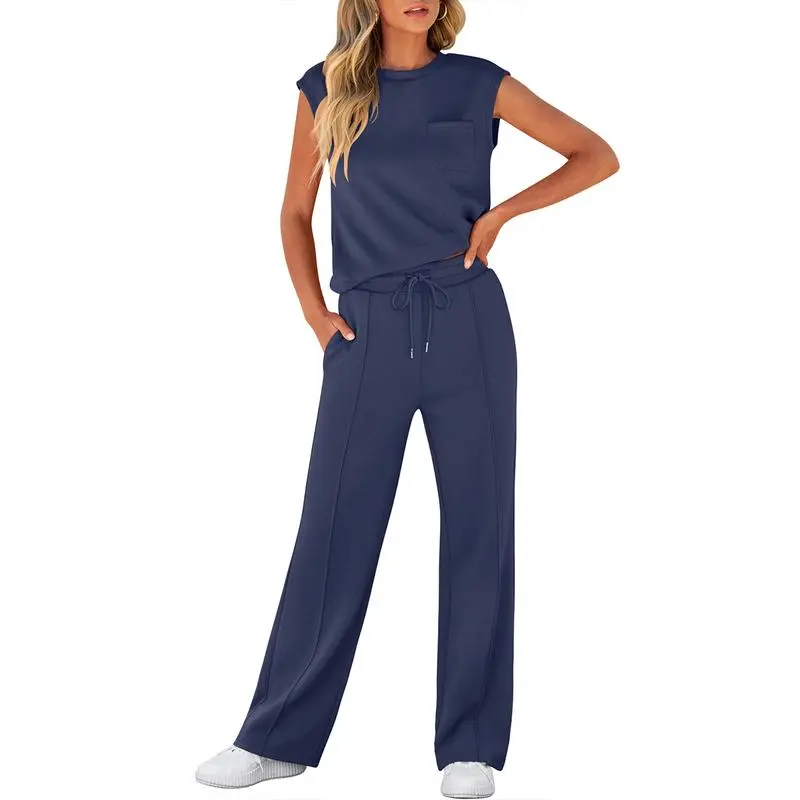 Women's 2 Piece Sleeveless Lounge Set – Casual Summer Tracksuit with Wide Leg Pants, Comfy Matching Outfit for Vacation & Everyday Wear