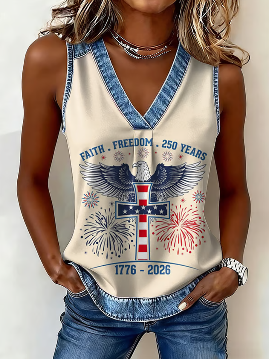 Women's Vintage Cross 250th Anniversary Print Casual V-Neck Tank Top