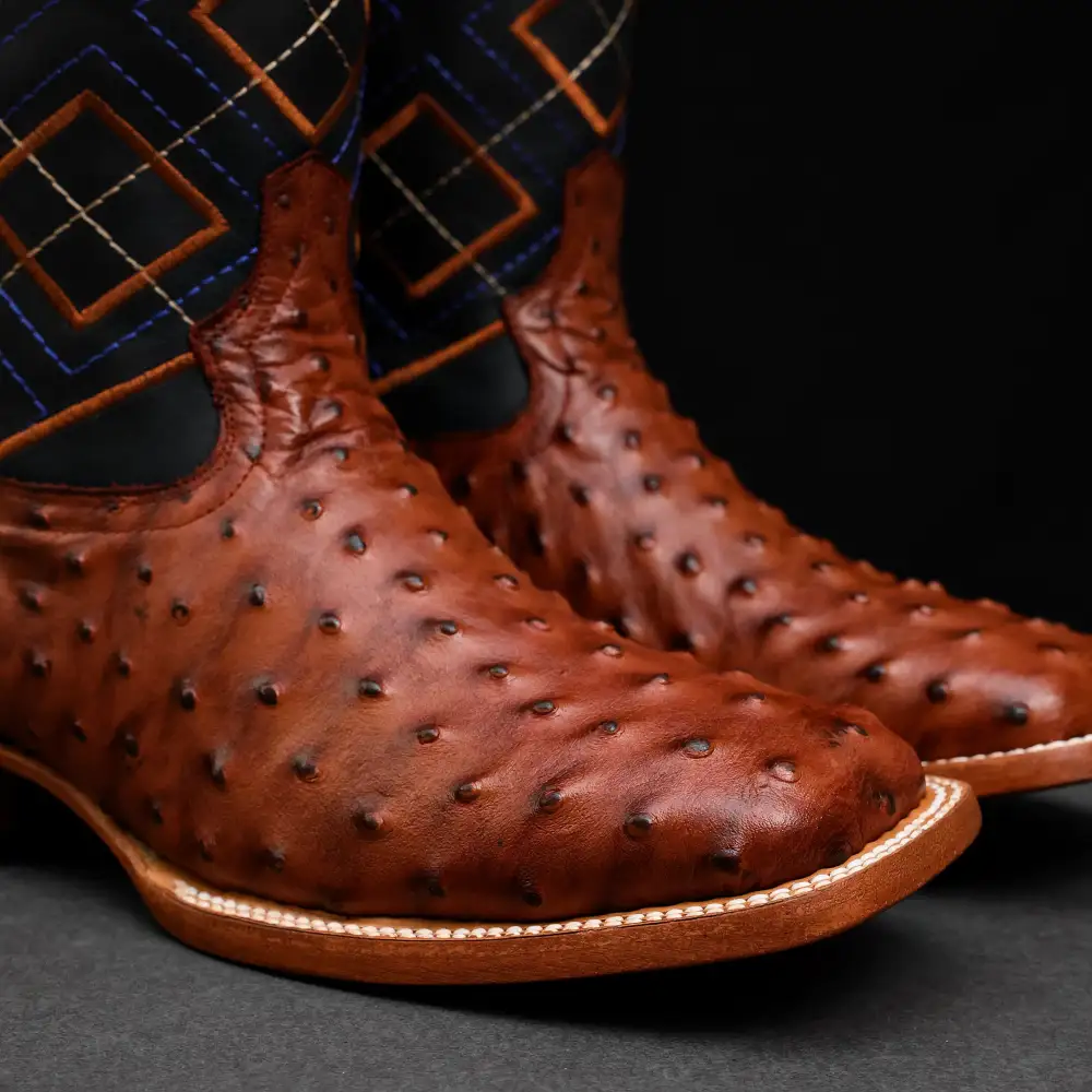 Cognac Ostrich Leather Boots - Square Toe