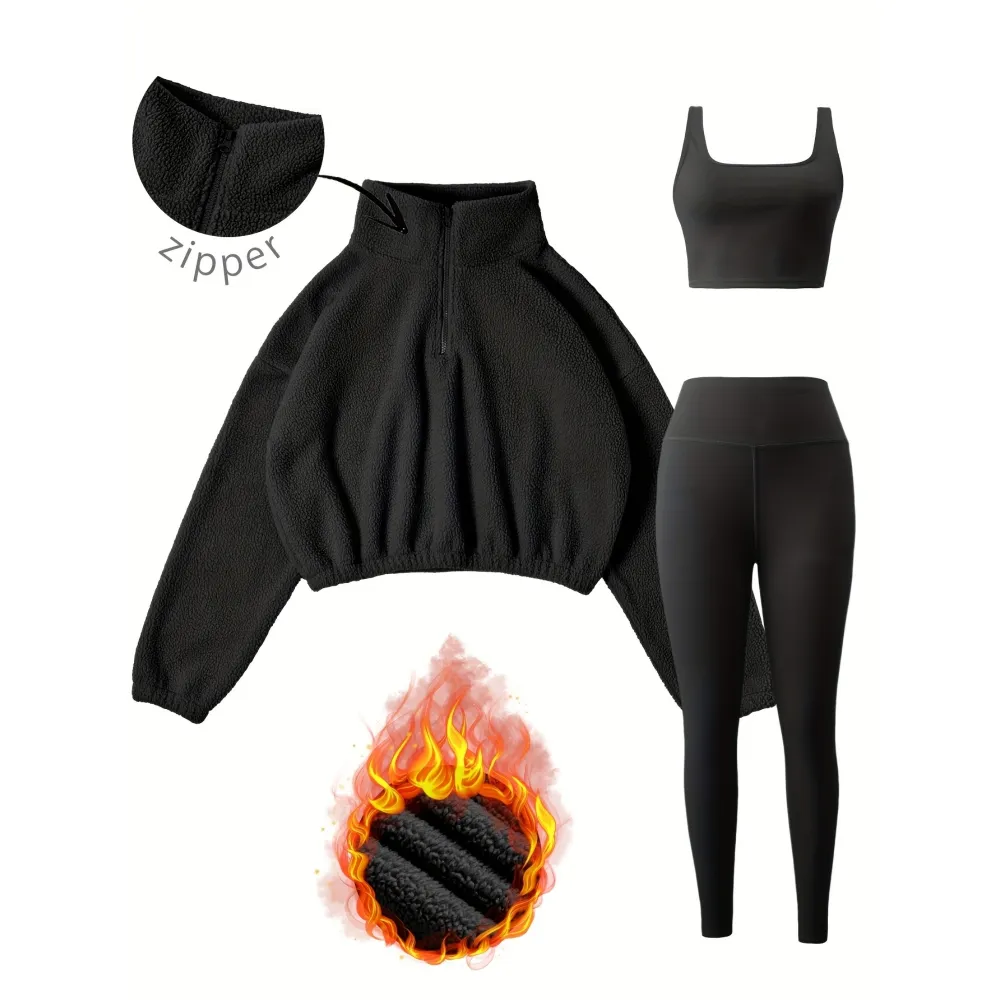 Women's 3-Piece Workout Set (Half-Zip Top, Bra, Yoga Pants)