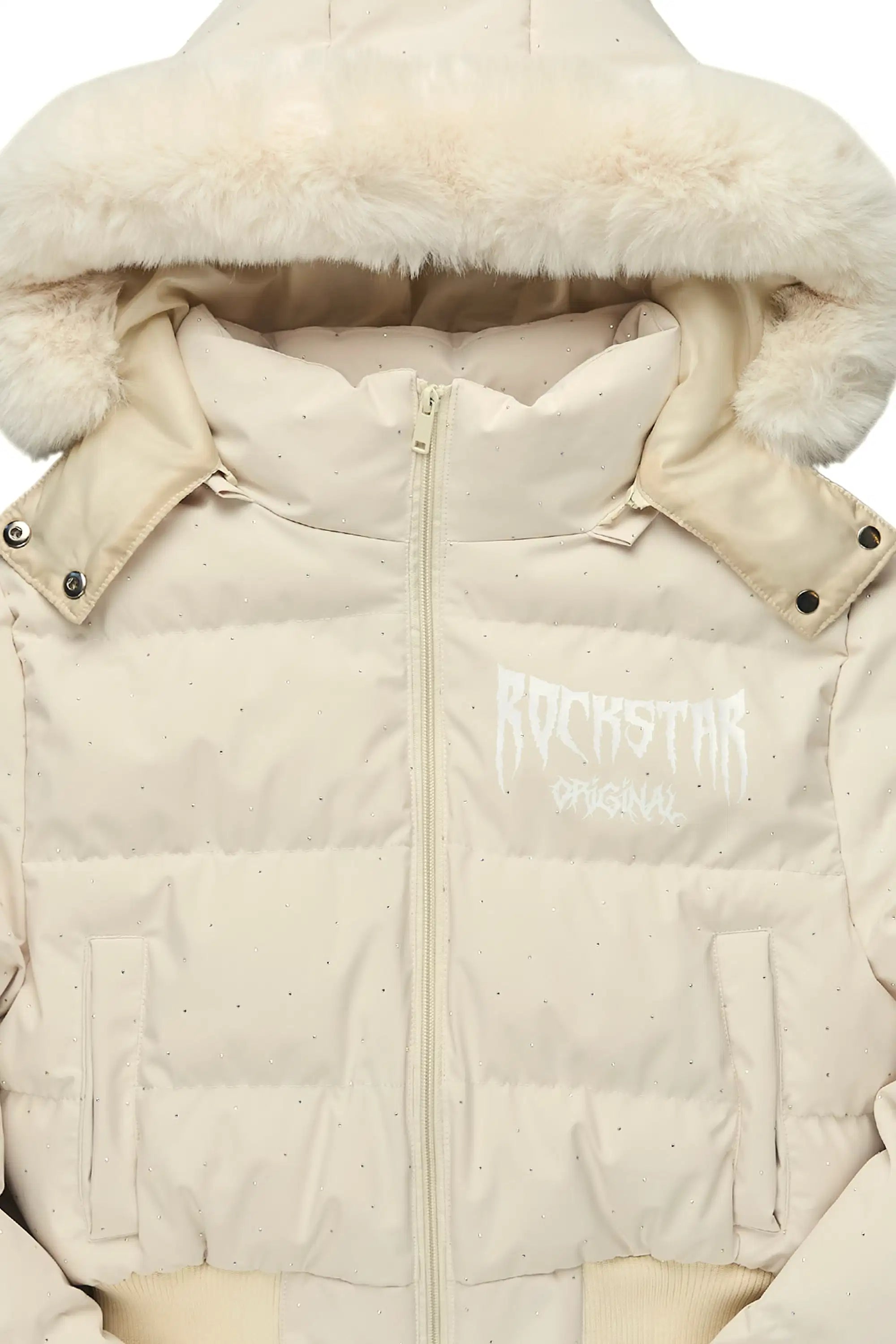 Gabrielle Beige Rhinestone Puffer Jacket With Fur Hood