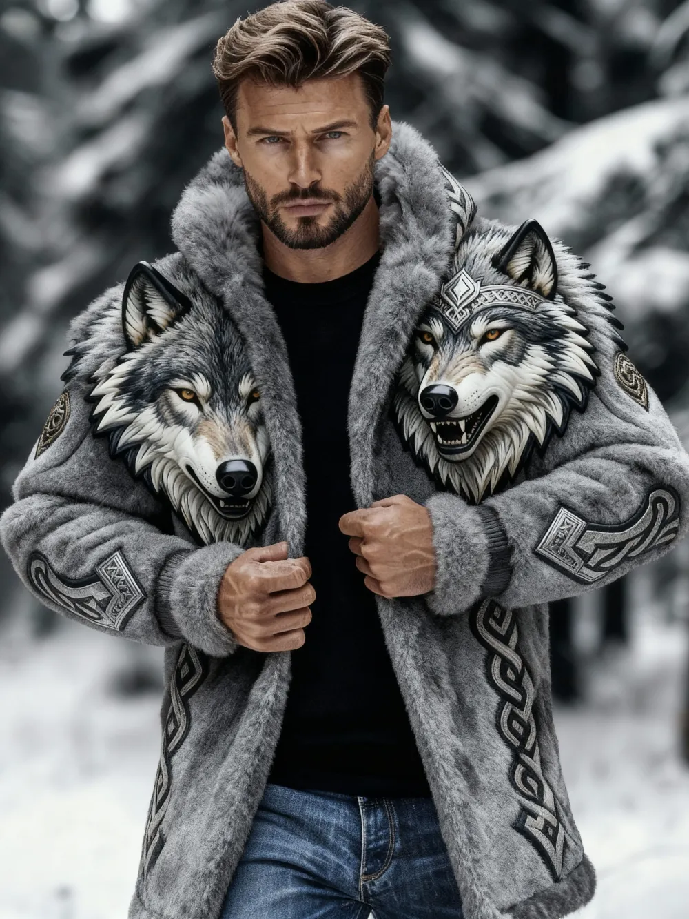 Men's Vintage Viking Wolf Warm Fur Coat