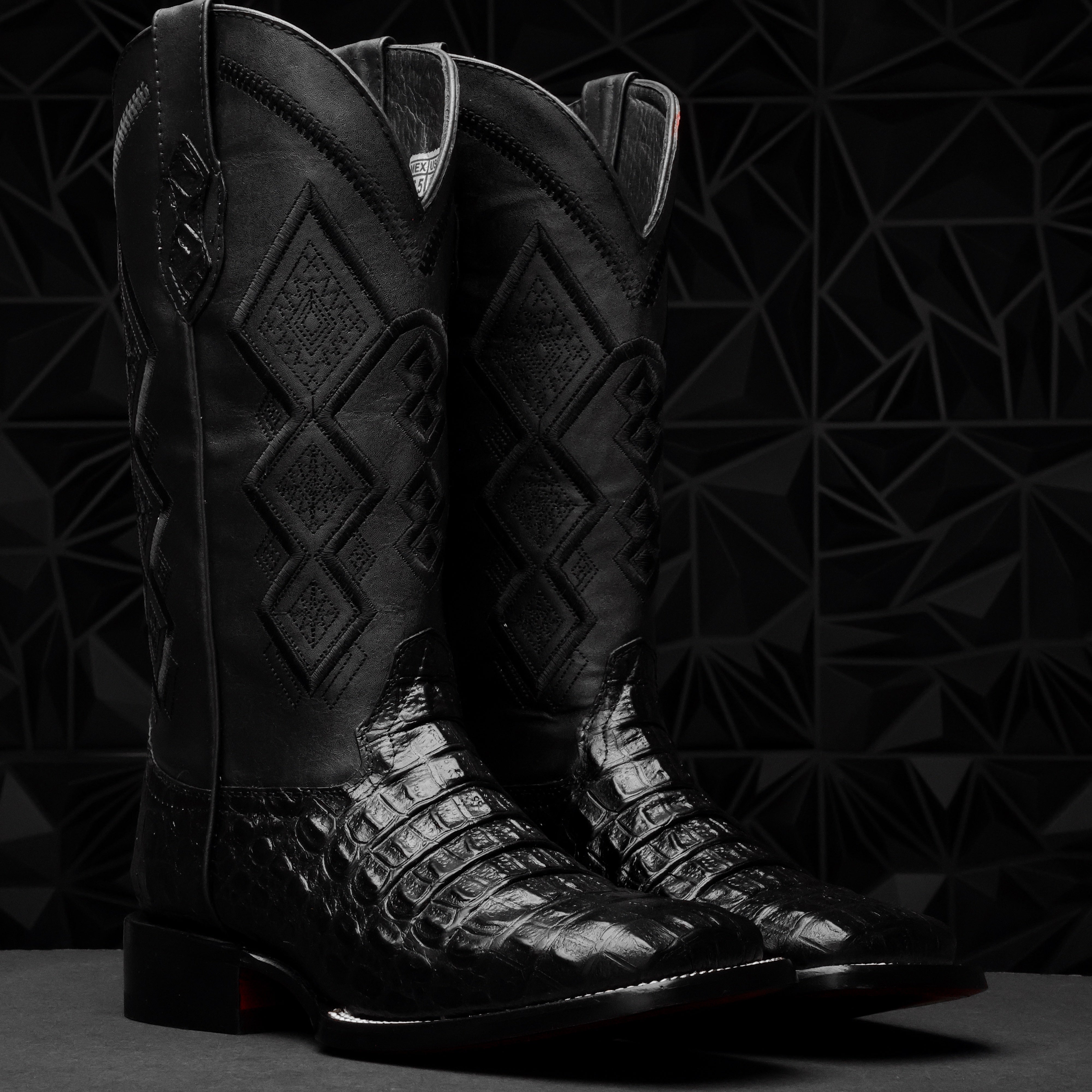 Black Caiman Hornback Leather Boots - Square Toe