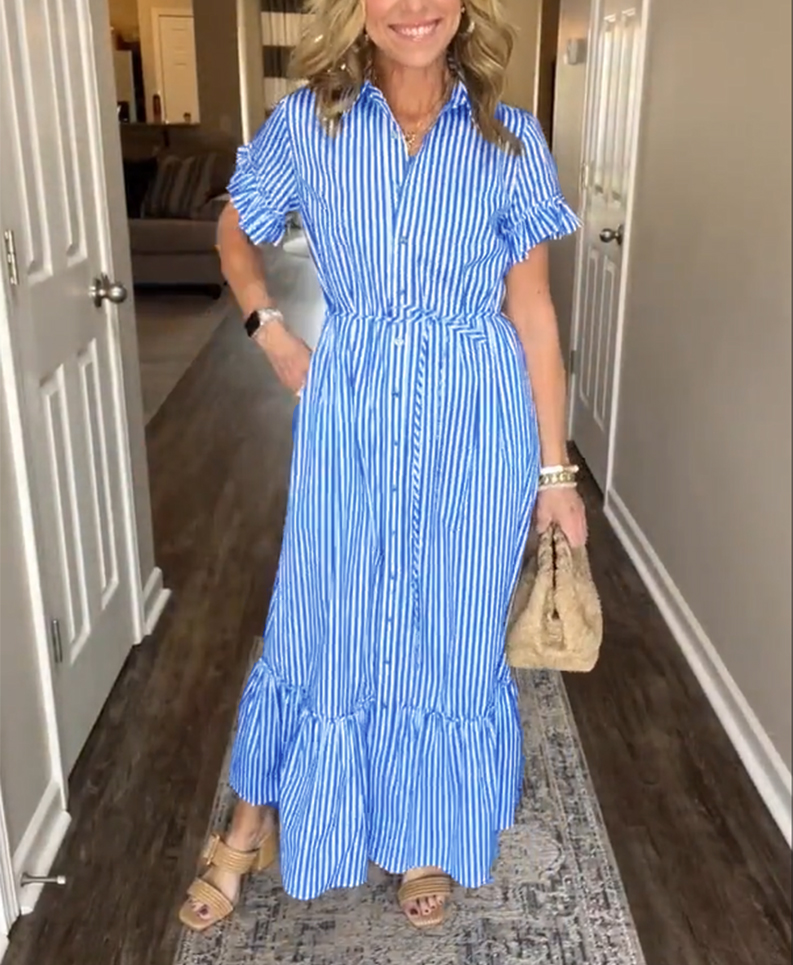 NEW🔥Striped Cotton Lapel Button Shirt Dress(Buy 2 Free Shipping)