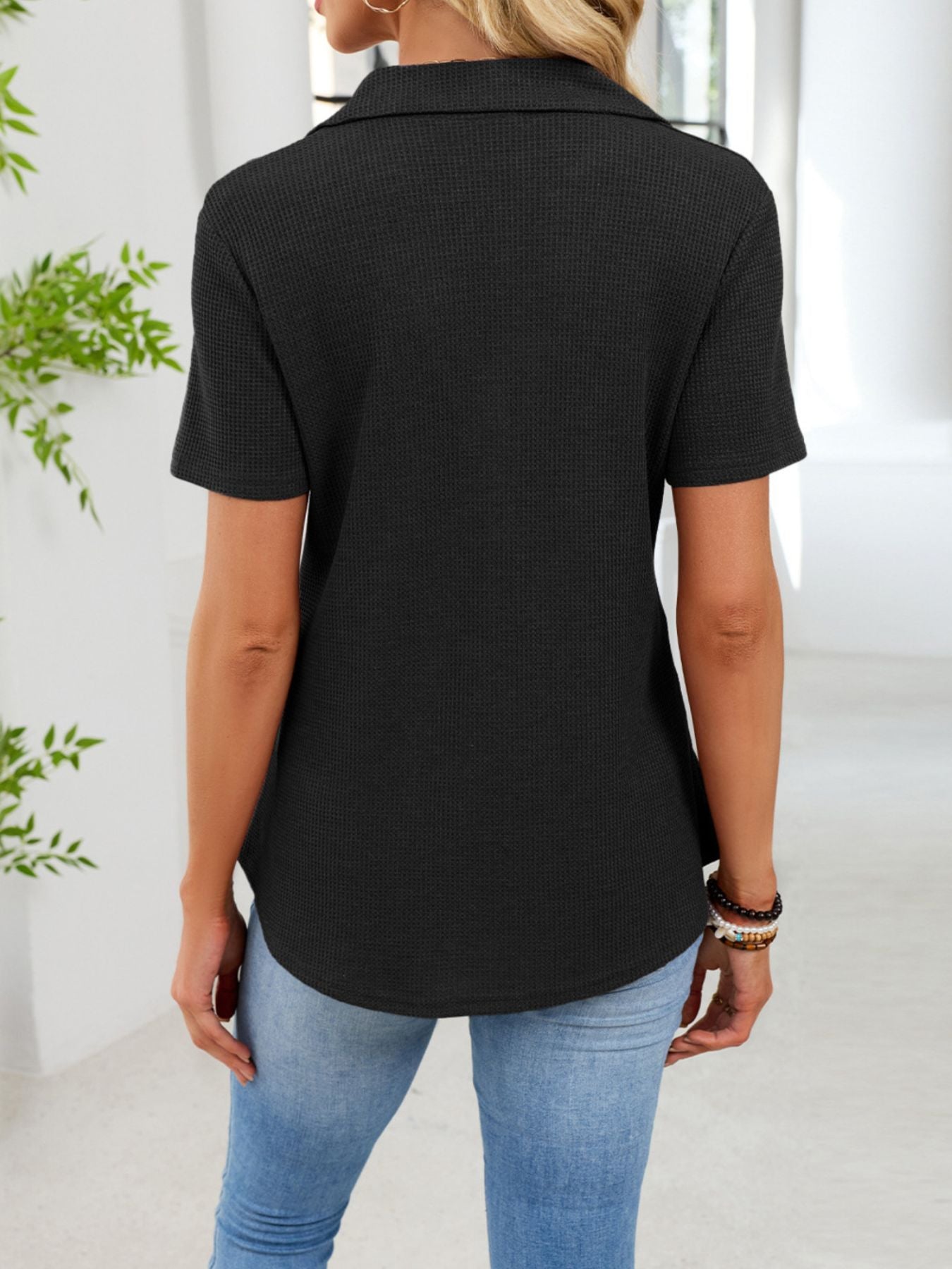 Waffle Knit Button Detail T-Shirt