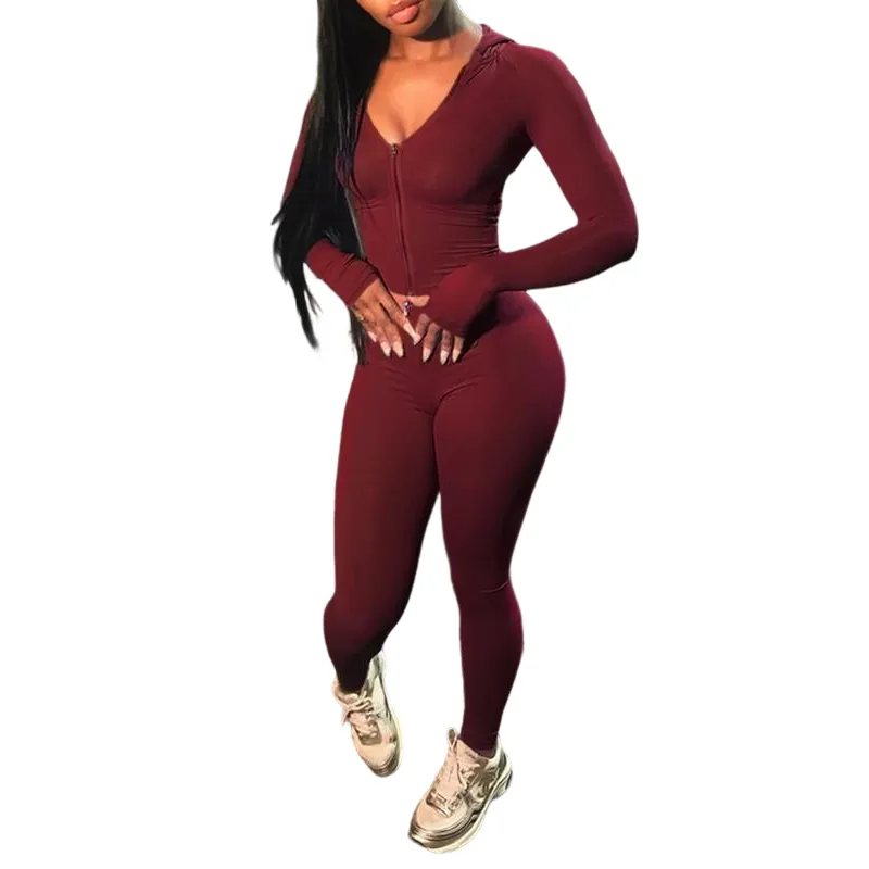 Women's Solid Color Zip Up Crop Top & High Waist Leggings Two-piece Set