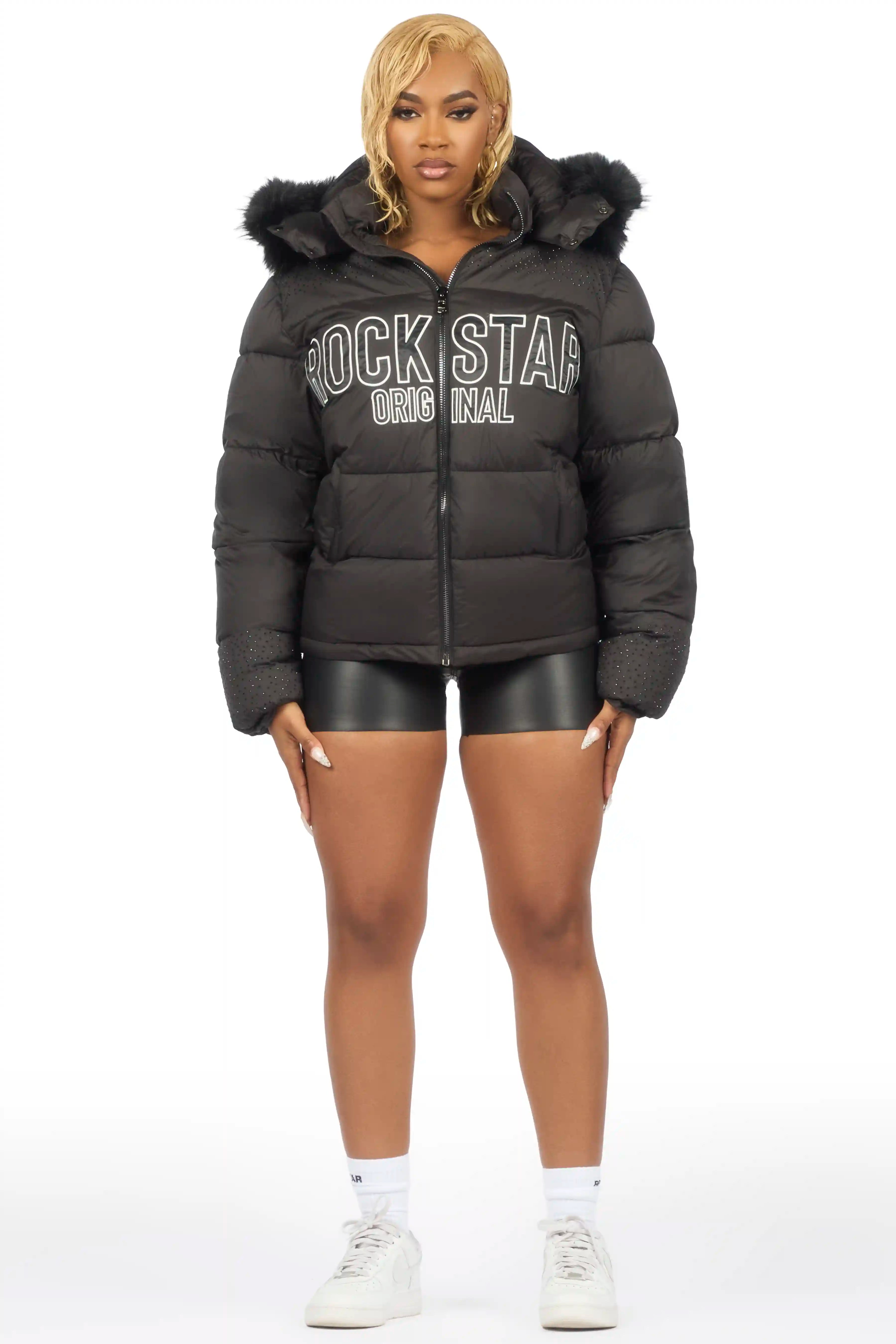 Natia Black Oversized Rhinestone Puffer Jacket