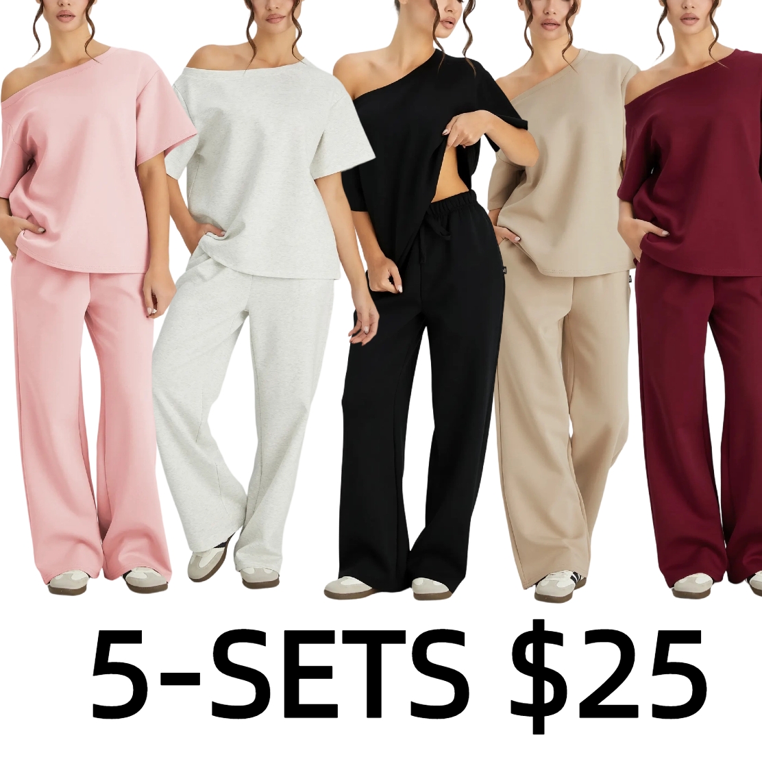 Women's Simple Style Solid Color Sloping Shoulder Short Sleeve Top & Drawstring Waist Wide Leg Trousers Co-ord Set