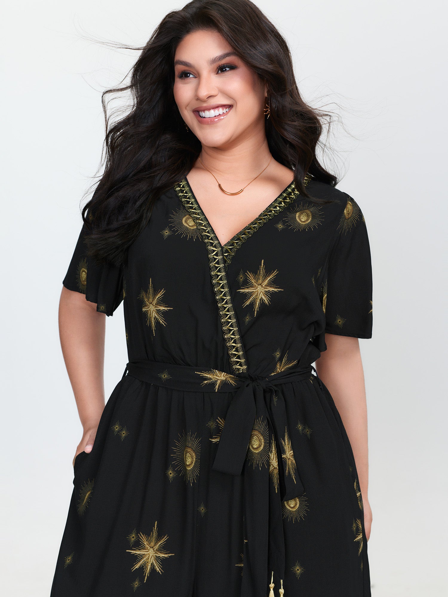 Star Moon Pattern Belted Jumpsuit