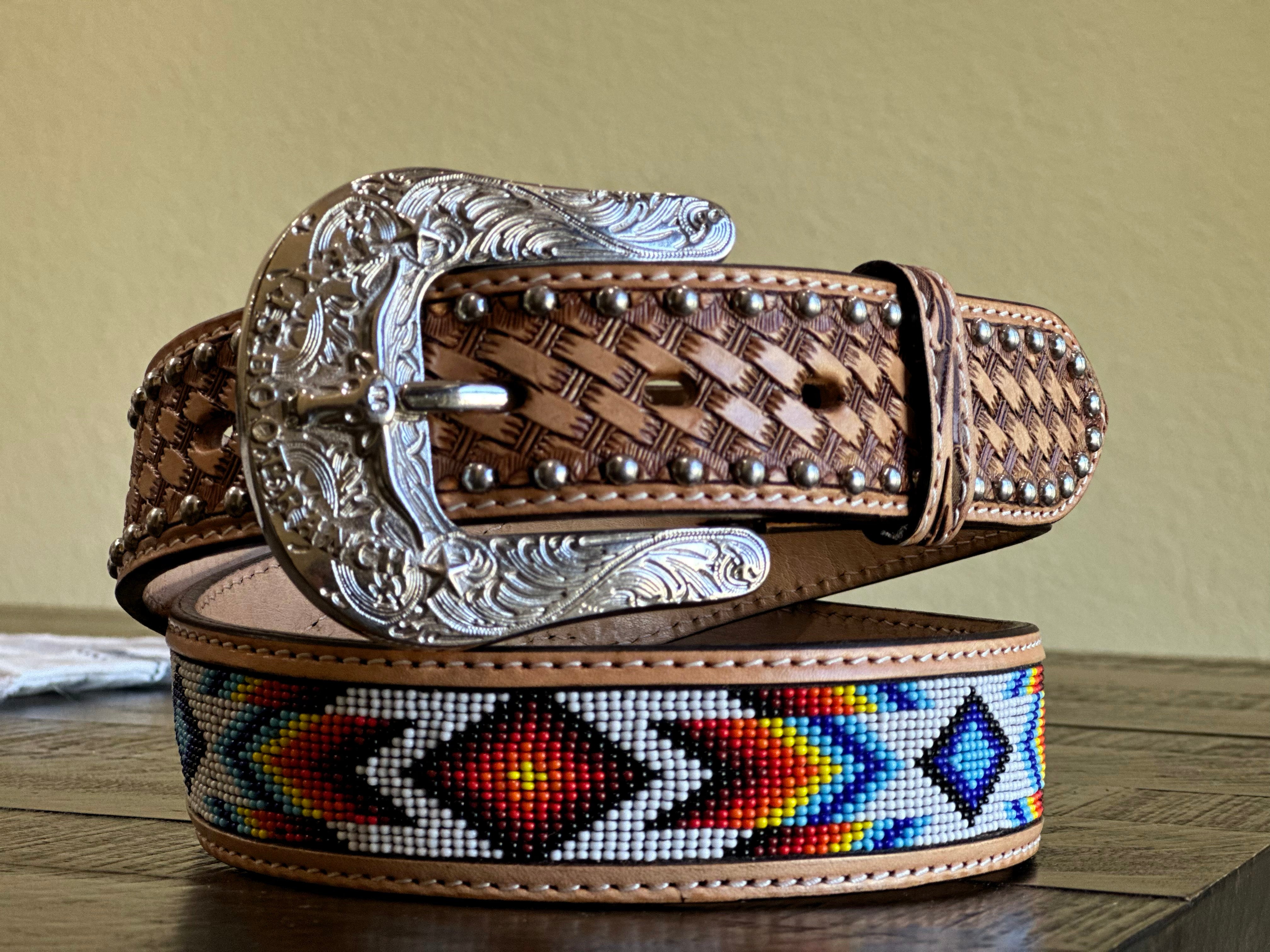 Honey Hand-Tooled Artesanal Tabs With Silver Studs With White and Red/Blue Beaded Leather Belt